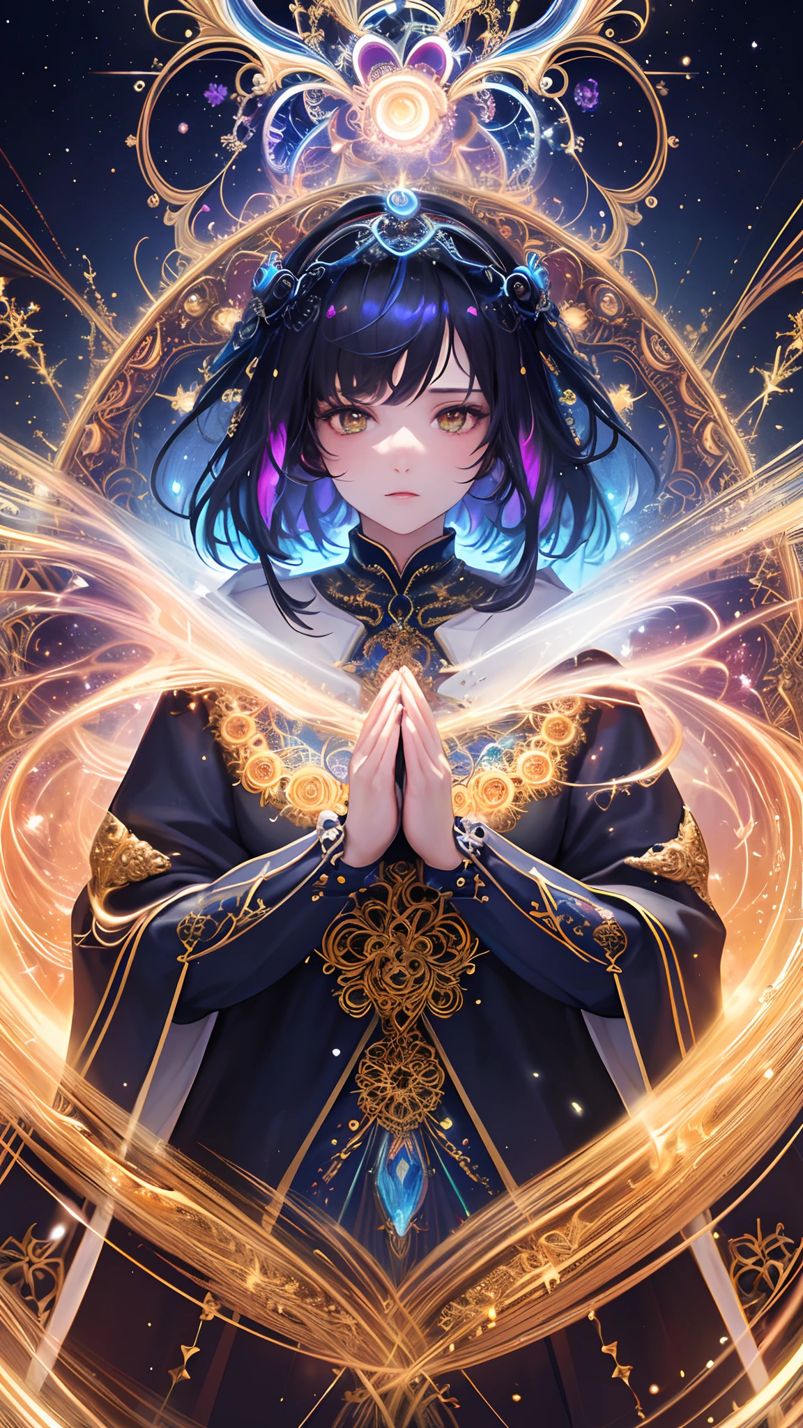 (masterpiece, top quality, best quality, official art, beautiful and aesthetic:1.2), (1girl), extreme detailed, (fractal art:1.3), colorful, highest detailed, perfect face, upper body, HDR, (praying:1.3), (white cloak golden lines:1.2), galaxy, (light streaks), striking visuals, (dynamic streaks, luminous trails:1.2), vibrant colors,