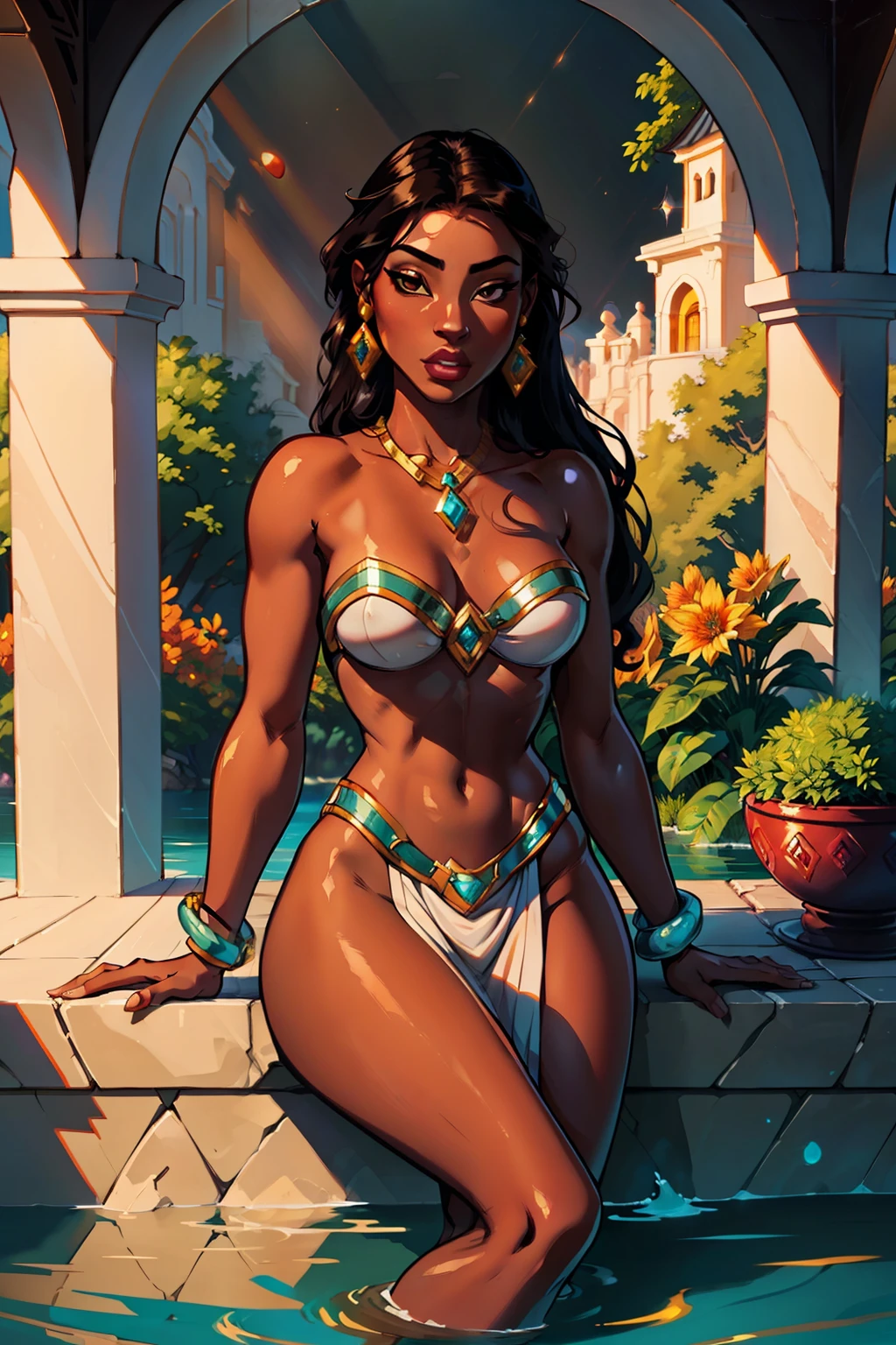 "Envision a breathtaking artwork capturing the essence of beauty and serenity. A mesmerizing masterpiece depicting a captivating bronze skinned female immersed in a divine oasis of radiant sunlight."