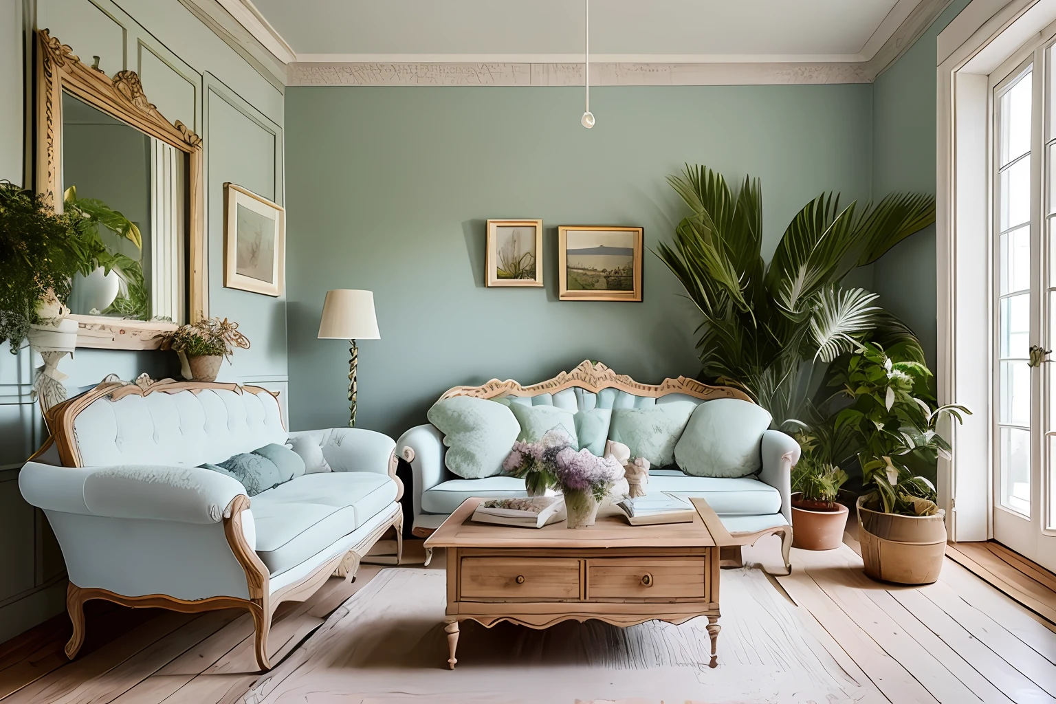 Create a family home style interior for me, avec des meubles anciens et brocants, I also want a very cooconing sofa, des tapis, des plantes, et le tout dans des tons pastels
