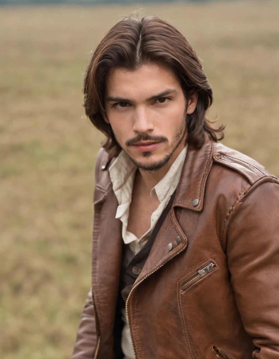 editorial photograph. 1980s style. brown long hair, little beard. , sonrisa afectada, Brown leather jacket, vaqueros,humo, Vista de medio cuerpo,Mediano Plazo., The air is gloomy.......,. Calma y tranquilidad., Camino, Piel detallada. 35 mm.........,(Nikon D850), textura realista de la piel , Detalles especiales de la cara