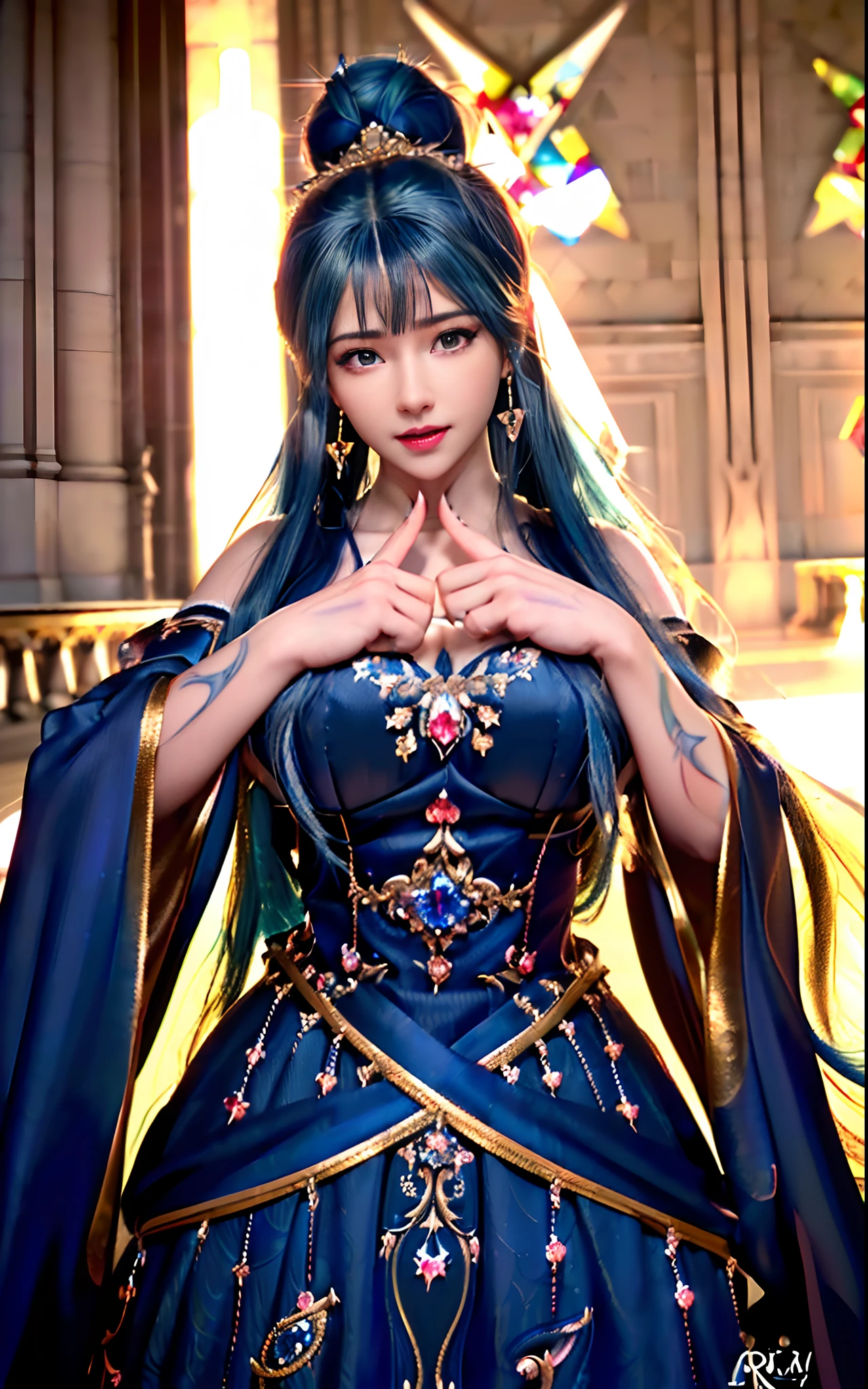 ((realisticity: 1.2)), ((realistic: 8K UHD)), ((best resolution: 8K UHD)), hyper detailed, best quality,masterpiece,highres,cg, ((1 girl hyper detailed and hyper realistic) ) , ((beautiful queen, hyper realistic and hyper detailed)),((white skin, beautiful, smooth, youthful, hyper realistic and hyper detailed )), ((Face hyper beautiful, white, hyper realistic and hyper detailed ) ), long hair, ((hyper realistic and hyper detailed dress)), solo, ((hyper realistic, hyper beautiful, beautiful and hyper detailed jewelry)), ((hyper beautiful deep red and golden yellow dress, hyper realistic and hyper detailed )) , ((Her pretty, hyper realistic, hyper detailed diamond filled earrings)), ((Her gorgeous diamond haircut, hyper realistic and hyper detailed)), ((hyper pretty upper body, hyper beautiful, hyper realistic and hyper detailed) ), ((medium breast: 1.1)), ((hyper realistic, hyper pretty, hyper detailed boobs)), ((the backgroun of the royal palace is hyper majestic, hyper realistic and hyper detailed)),((hands and palms hyper beautiful, hyper detailed, hyper realistic)), ((hyper detailed and hyper realistic fingers and fingernails)), ((hyper pretty fingernails, hyper vivid, hyper detailed, hyper realistic)), ((thumb, index finger, middle finger, ring finger, little finger hyper vivid, hyper pretty, hyper detailed, hyper realistic)), ((hyper beautiful fingers, hyper detailed, and hyper realistic)), ((posture not too fat and not too thin, hyper realistic, hyper detail)), ((hyper pretty, hyper pretty, hyper realistic and hyper detailed hair bun)), ((hyper pretty , hyper realistic and hyper detailed blue hair)), candid, Photo, high resolution, 8k , bokeh,