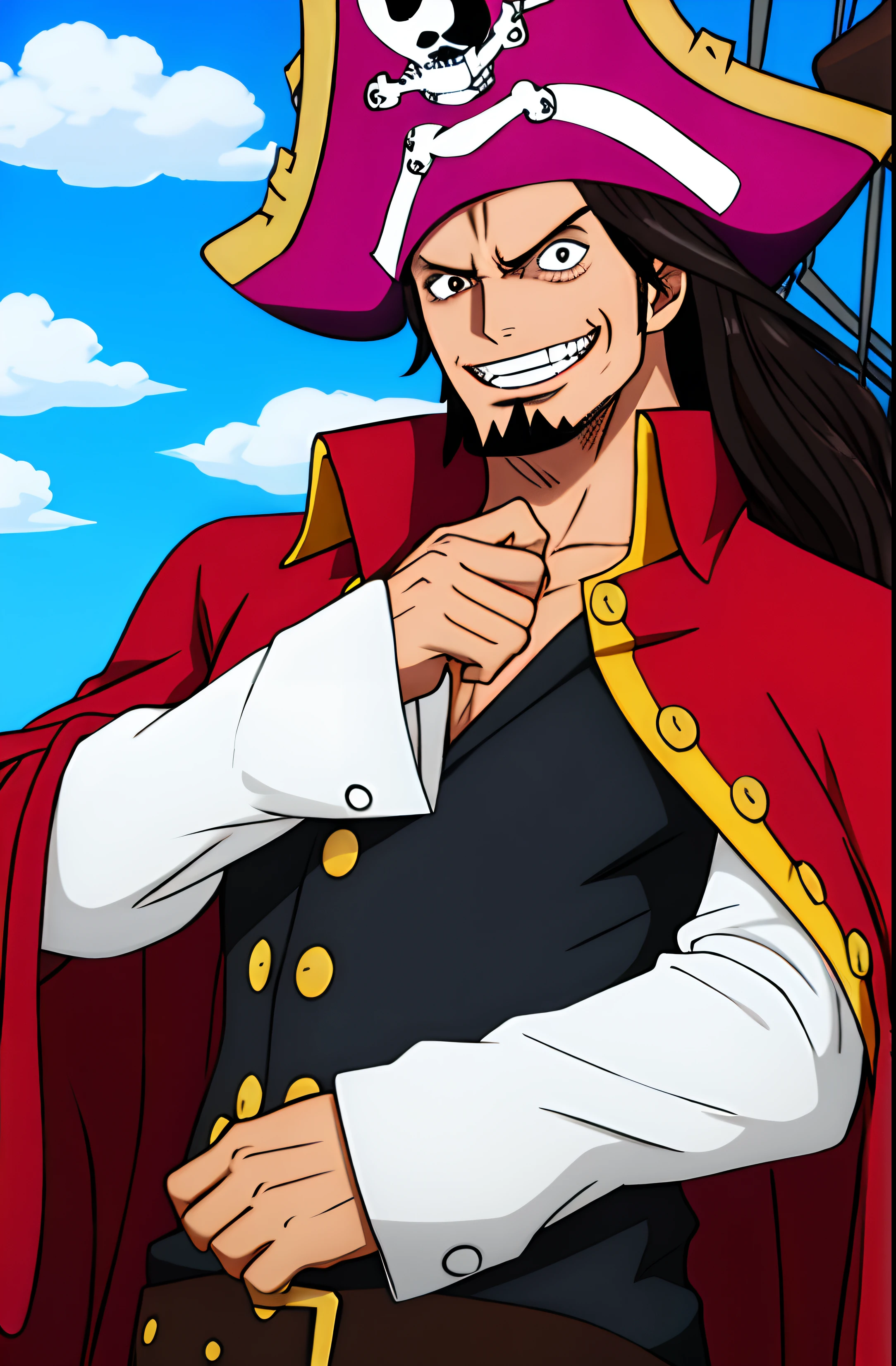 1boy, wanostyle, 1boy, wanostyle, (((high quality))), pirate with long black hair, dark brown eyes, goatee, a scar on his eyes Left, wearing a blue pirate captain outfit, looking to the viewer, smirking, very happy, wearing a captain's cap, ((masterpiece)), (best quality), (extremely detailed), on a ship on the high seas, with a pirate sword in his hand