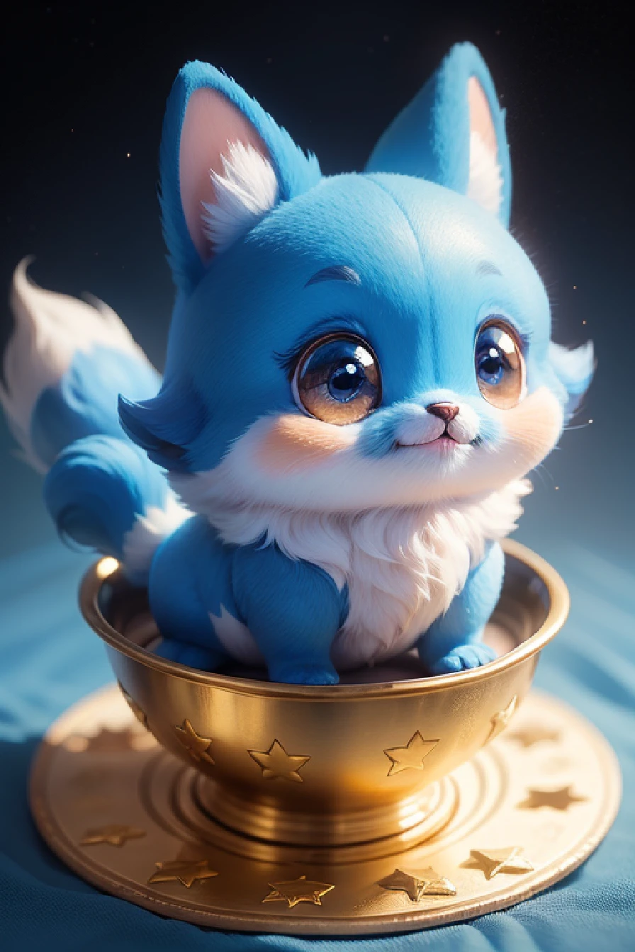 mascot
color: Bright blue body with golden star pattern。
form: Small creatures of round shape。Fluffy fur grows all over the body。
faces: Big eyes and smiling mouth。ears are small and round,,。
stature: Children's palm size。