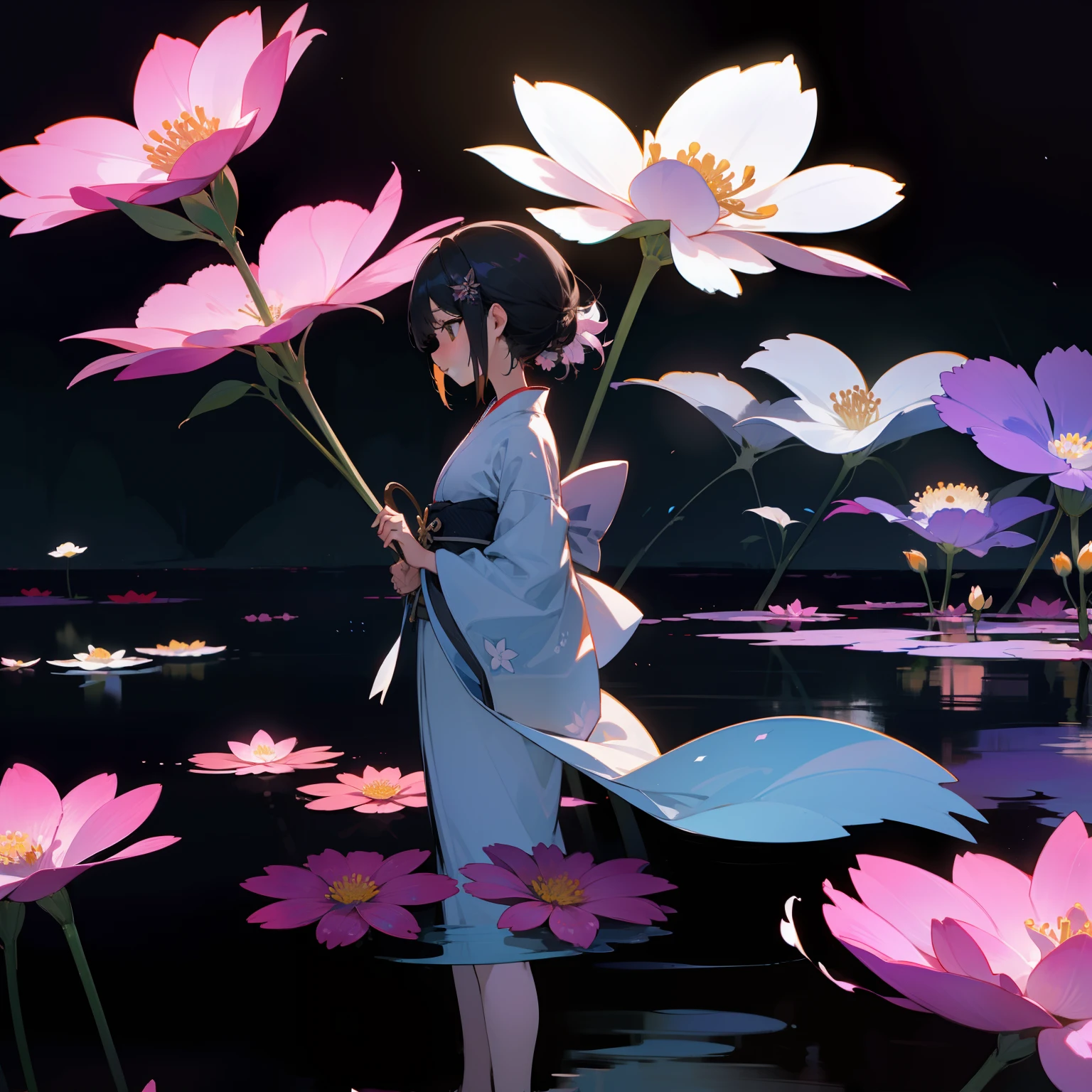 In the Dark、Each small tank shines、Delicate flowers float。Countless tanks are connected to each other.、Flowers in it々The colorful world of、It was as if I had wandered into an illusion。Woman in kimono walking quietly、Its beauty stood out even in the dark。Around her、It's like a black deep universe.、She and flowers in it々The colors were vividly reflected.。