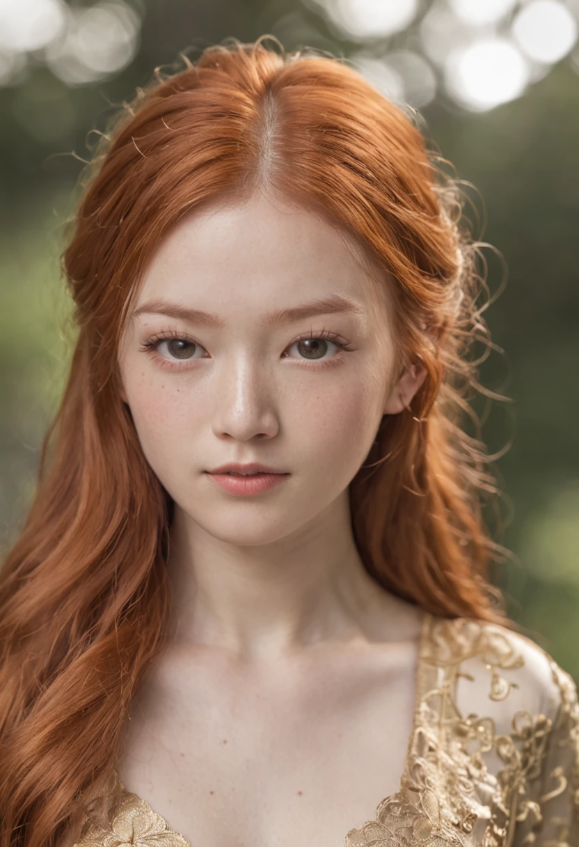 messy long flowing ginger hair, ( gold|black translucent:1.4 cheongsam:1.331), asian redhead ginger girl (18 years old), (freckles, pale skin), defined jawline, smaller head, gorgeous and seductive