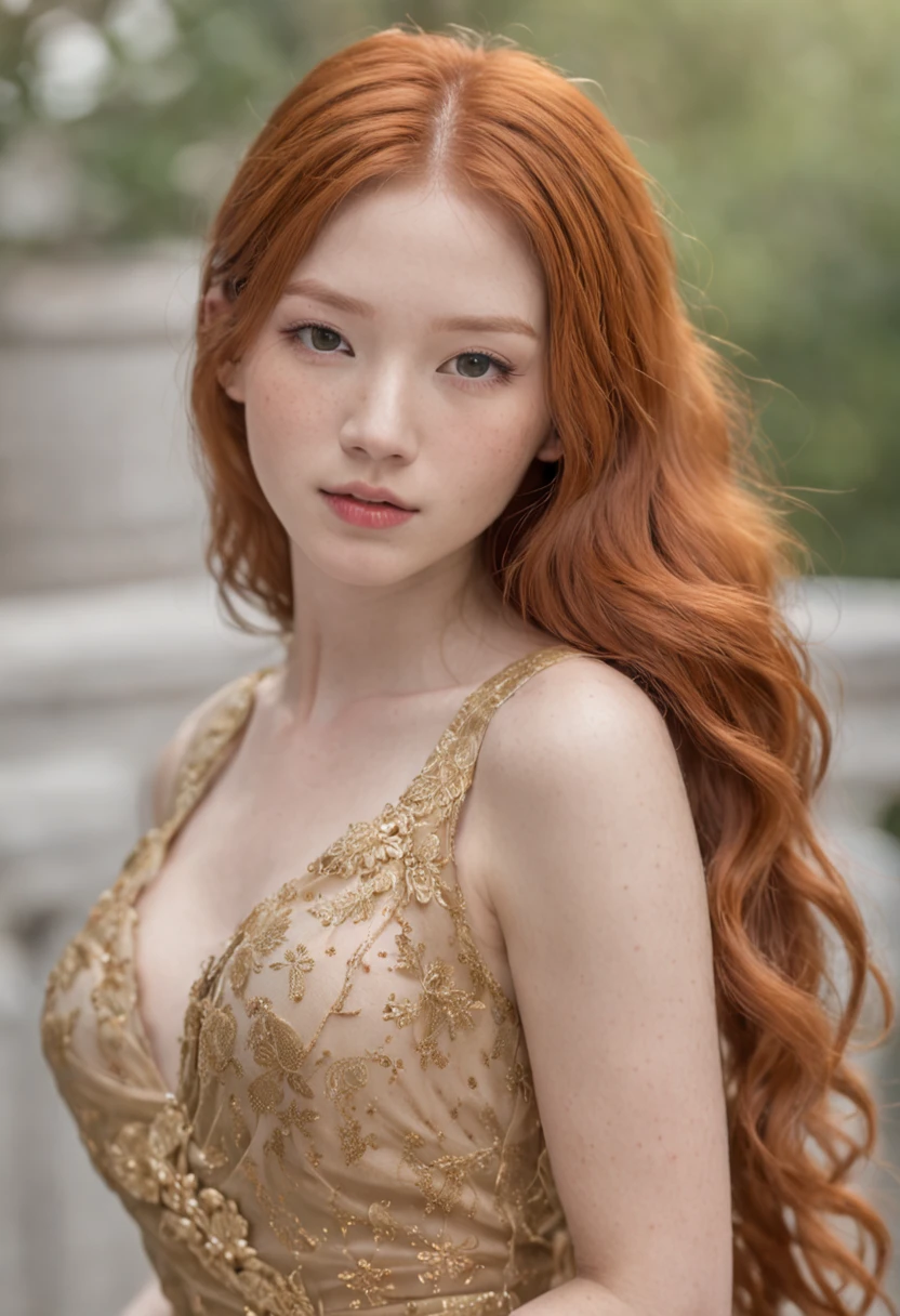 messy long flowing ginger hair, ( gold|black translucent:1.4 cheongsam:1.331), asian redhead ginger girl (18 years old), (freckles, pale skin), defined jawline, smaller head, gorgeous and seductive