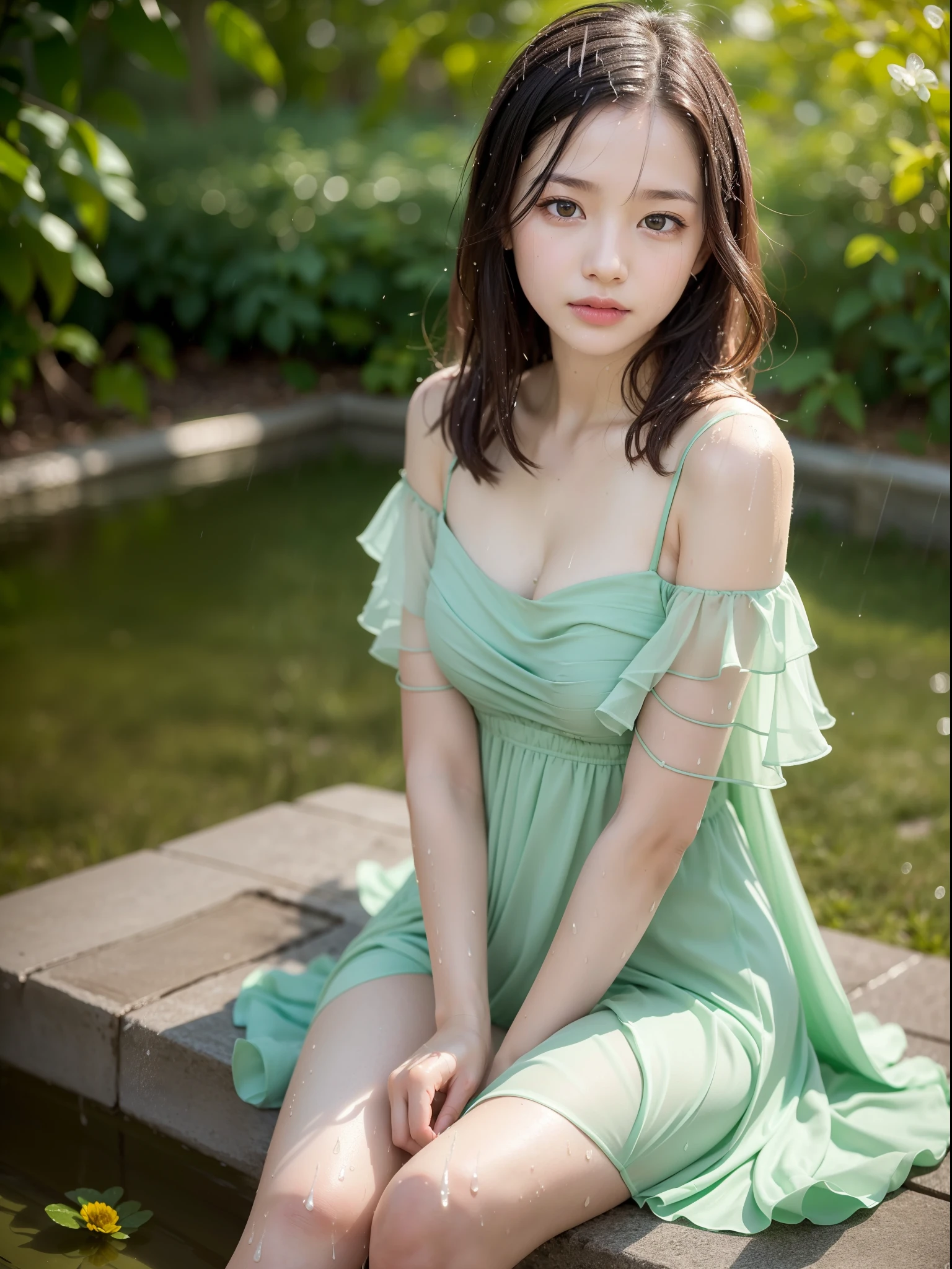 ((of the highest quality, 8K, masutepiece: 1.3, Raw photo)), Sharp Focus: 1.2, (1 AESPA Girl :1.1), (Solo: 1.2), (Realistic, Photorealistic: 1.37), (Face Focus: 1.1), Cute face, hyper detailed face, Small breasts, flat chest, Short messy hair, Small Smile, (off-shoulder chiffon dress:1.3), spread legs, garden, Glory lily