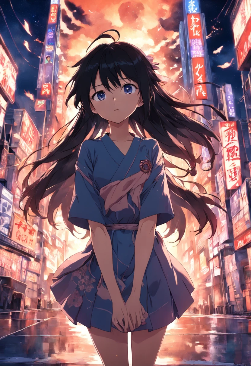 A woman in a blue dress standing in a city at night - SeaArt AI