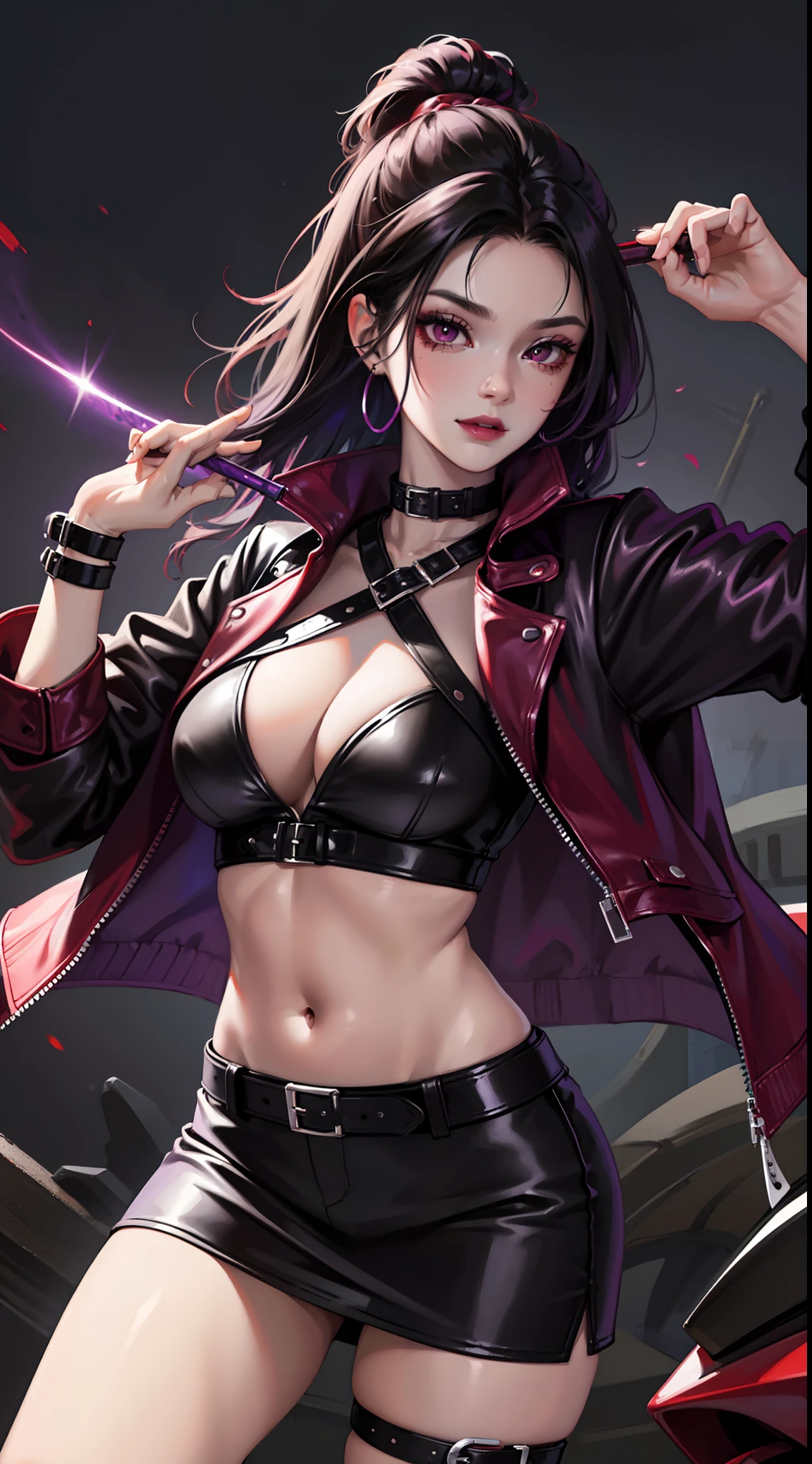 Adult woman, black skin, long purple hair, red eyes, purple top, leather jacket, leather skirt, smirk, open belly, open breasts, black lipstick, Masterpiece, hiquality