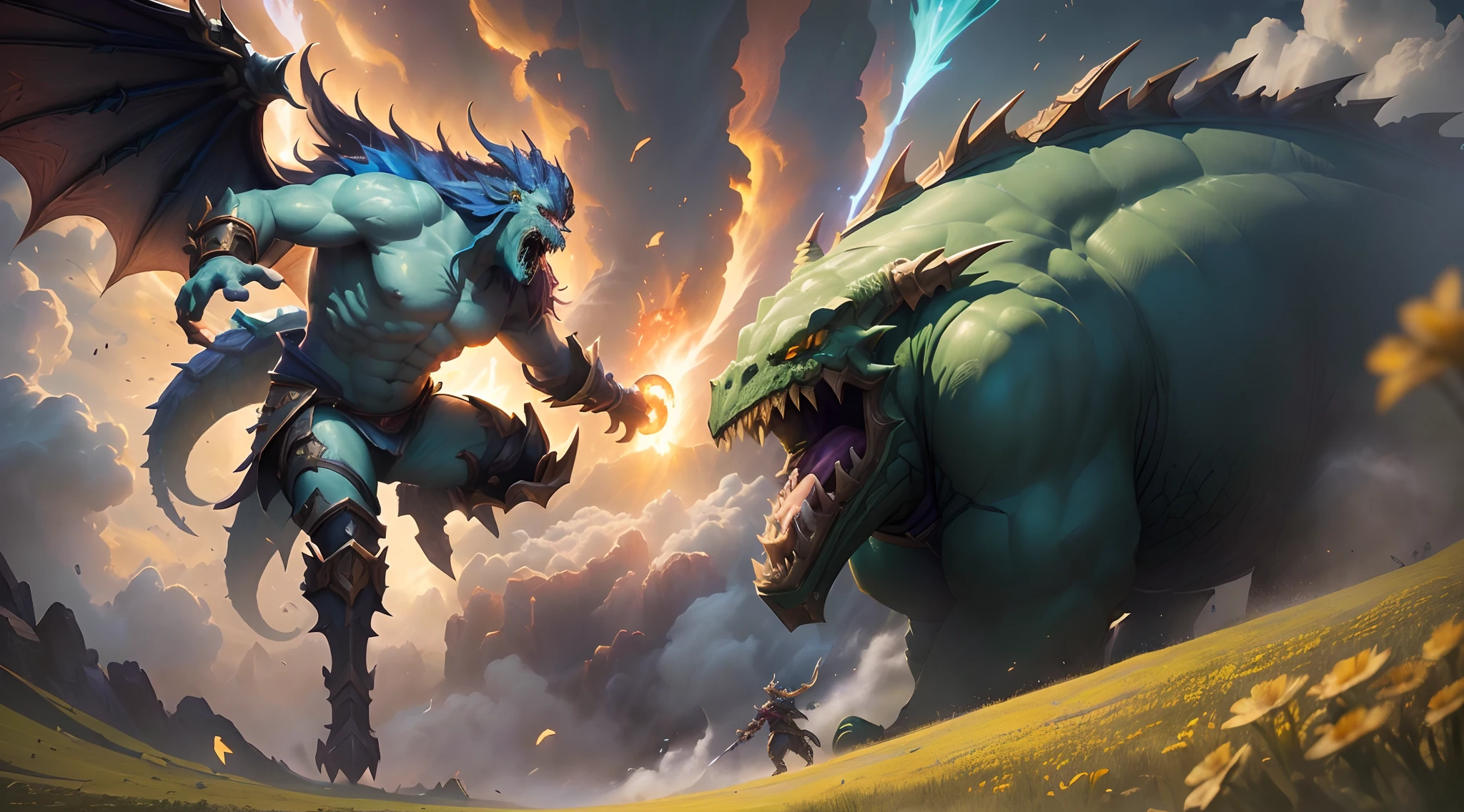 There is a great dragon attacking a giant monster in the sky, arte do jogo de cartas de hearthstone, arte do jogo de cartas de hearthstone. ", arte de splash do mundo de warcraft, Arte oficial de Hearthstone, Arte de Hearthstone, arte de salpicos de pedra de fogo, Jeff Easley e Ross Tran, Lendas de Runeterra, Arte de Hearthstone, hearthstone card art, epic fantasy card game art, Arte de Warcraft da Blizzard, hearthstone card art