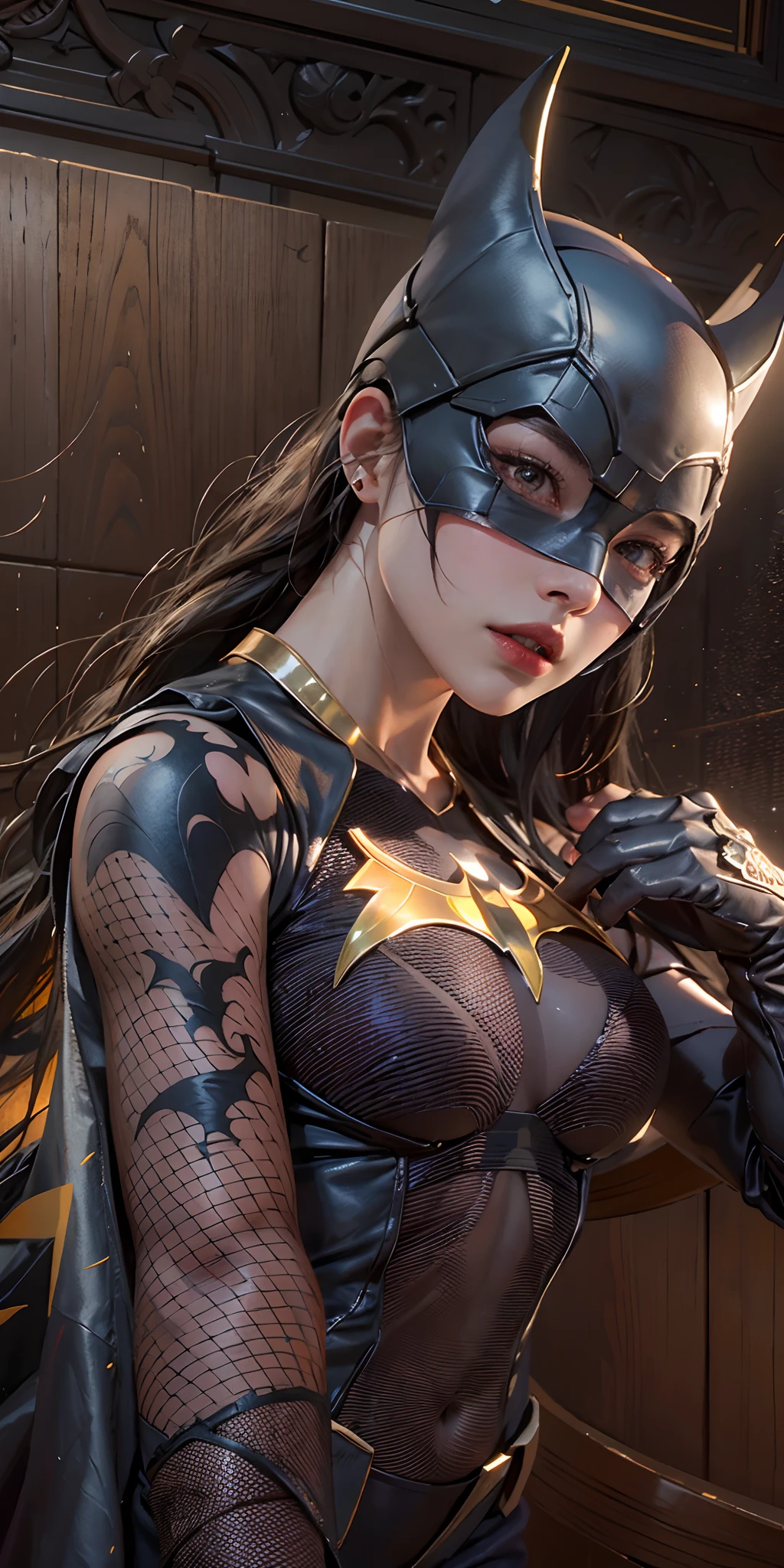 （tmasterpiece：1.4）， （8k， realisticlying， RAW photos， best qualtiy： 1.4）， （1girll）， beauitful face， （photorealiscic face：1.4）， （brunette color hair， ponytailed long hair：1.3）， Beautiful hairstyle， beatiful detailed eyes， （best ratio eyes：1.5）， Attractive， 超高分辨率， Ultra photo realsisim， highly  detailed， Optimal proportions， （Detailed face：1.4）， looking at viewert， Red lipstick， （best ratio fingers：1.5）， （white super hero theme， Glamorous，There was a girl at the top of the town，wearing transparent lingerie batman costume，she is a superhero），[（（25 age old），full bodyesbian，（Realistic blue eyes：1.2），（（batman pose），Show power，jump from one building to another），（（sandy urban environment）：0.8）|（view over city，the night，dynamic lights），（moon full））] # illustrated：The Prompt mainly describes a 4K painting of ultra-high definition，very realistic，The is very detailed。It showcases superheroines at the top of the city，Wearing a Batman costume。The subject in the painting is a white superhero theme，The heroine has long white hair，He is 25 years old，The entire figure is shown in the painting。In terms of depicting the action of a superheroine，Spiders were used，（no brassiere：1.4），perky_nipples，（（exposed_nipples，Naked of breast，High percentage of realistic breasts，Realistic big breasts）：1.3），（Keep one's mouth shut：1.4），（camel_toe_pussy：1.3），innie_pussy，