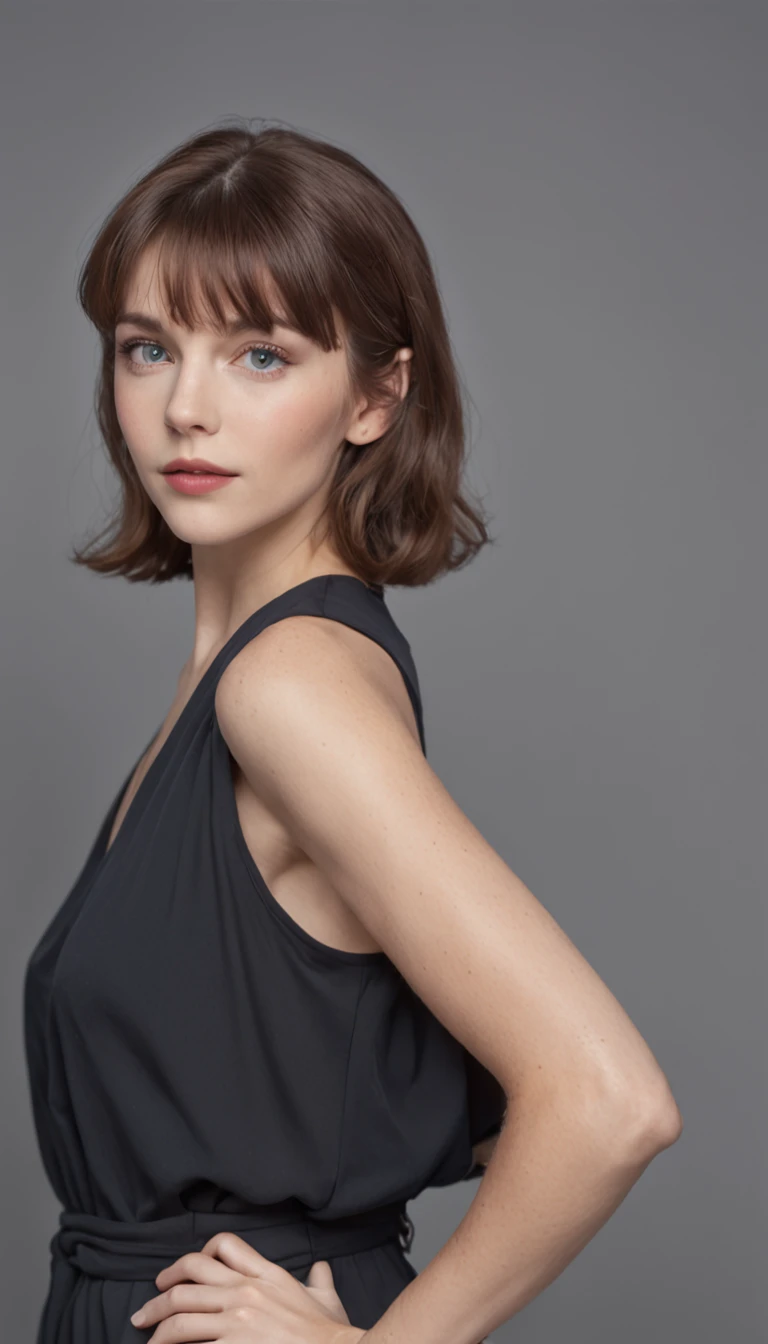 a woman wearing a black shirt dress against white background, in the style of matti suuronen, emma geary, tonal, candid, gigantic scale, aurorapunk, 8k