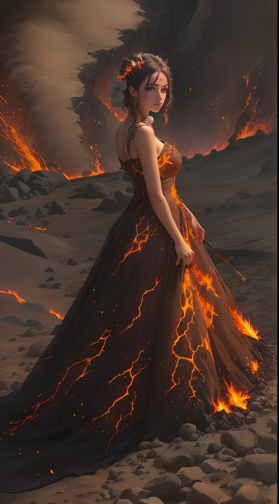 Arafed hermosa Mujer con un vestido de pie frente a un campo de lava, vestido hecho de fuego, Vestido de fuego, Vestido completo de Lava Showcase, Diosa de la lava y el fuego, Diosa del Fuego, Usando llamas de tumultus, Corrientes de lava caliente y brillante, Las llamas la rodean, De pie en el fuego, lava que fluye, hecho de lava, dramatic lighting from fire glow, lava:1.4,fuego:1.4,