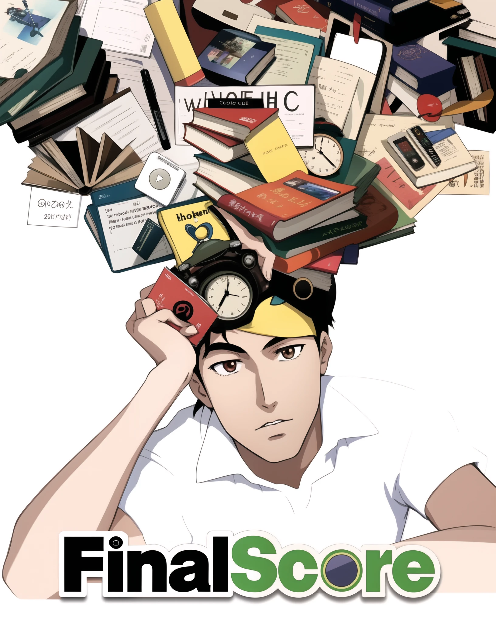 Anime boy,line art, anime poster, manga boy, white shirt, thinking about a lot of stuff, books flying, ipod, clocks games, text book