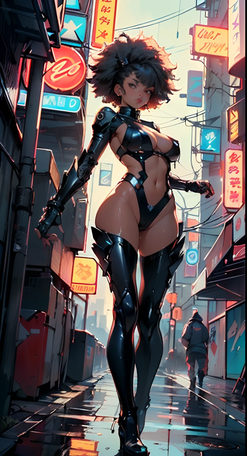 girl spacepunk,(((1girl))),((cute and beautiful afro haired girl)),((((black race)))),
(large breasts:1.4),saggy breasts,((((black afro hair:1.35,((afro hair:1.35)),afrohair,afro:1.35,dark hair,black hair,)))),medium hair,((heterochromia:1.5,eye1 orange,eye2 red,perfect eyes,upturned eyes:1.3,beautiful detailed eyes,finely detailed beautiful eyes:1,big highlight on eyes:1.2)),((fat)),((((tan,dark skin,black skin:1.35,dark-skinned_female,dark skin:1.3,ebony skin,lustrous skin:1.5,bright skin: 1.5,shiny skin,very shiny skin,shiny body,illuminated skin,wet legs)))),(spider lower abdomen,narrow waist,wide hip,athletic body,inflated legs,delicate detailed fingers),((hand consists of a short thumb and four fingers,hand with just five fingers,(detailed face))),
cute,slutty,sensual,seductive look,seductive,erotic,enchanting,(((nsfw))),
zettai ryouiki,revealing clothing,show skin,(wearing a mechanical space body armor:1.3,micro bikini,bare legs,an armored arm),((wet clothes, detailed outfit,detailed clothes)),
(dynamic pose:1.0),solo focus,embarrassed,(centered,scale to fit dimensions,Rule of thirds),
((((cyberpunk city by the ocean,huge buildings,neon signs,puddles)))),stormy sky,threatening sky,dark clouds,((synthwave background theme,detailed background : 1.25)),((((night,nice lighting decorations,detailed architecture)))),
(best quality,high resolution,sharp focus,ultra detailed,extremely detailed,extremely high quality artwork,(realistic,photorealistic:1.37),8k_wallpaper,(extremely detailed CG 8k),(very fine 8K CG),((hyper super ultra detailed perfect piece)),flawless,(((masterpiece))),illustration,vibrant colors,(intricate),High contrast,Selective lighting,Double exposure,HDR (High Dynamic Range),Post-processing,Background blur,