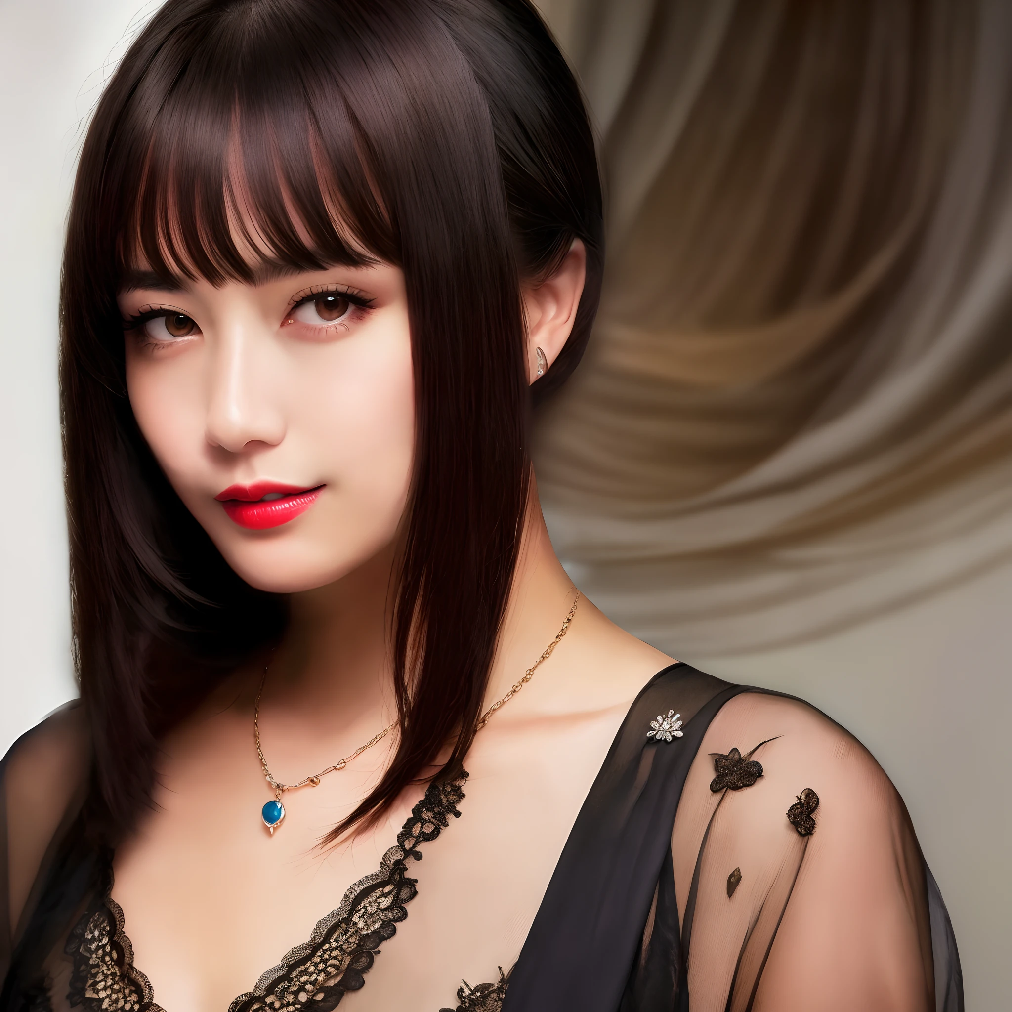 1 Beautiful mature girl, view the viewer, Upper body, Realistic,Real girl, The girl is shy and embarrassed, front hairbangs, Room and round, excessively frilled princess dress, draped clothes, Flawless face, jewelry, decorations, flower, Lace trim, Beautiful big orange eyes and round eyes, Sharp eyebrows, Very sharp and detailed peacock eyelashes and makeup, Red lips, Smile without opening your lips, Long silky black hair and jewelry clips, Masterpiece, Best quality, 8K, Detailed skin texture, Detailed cloth texture, Beautiful detailed face, Intricate details, Ultra detailed, rim lit, Side lighting, Cinematic light, 超高分辨率, 8K  UHD, filmgrain,Best shadow, Delicate, primitive