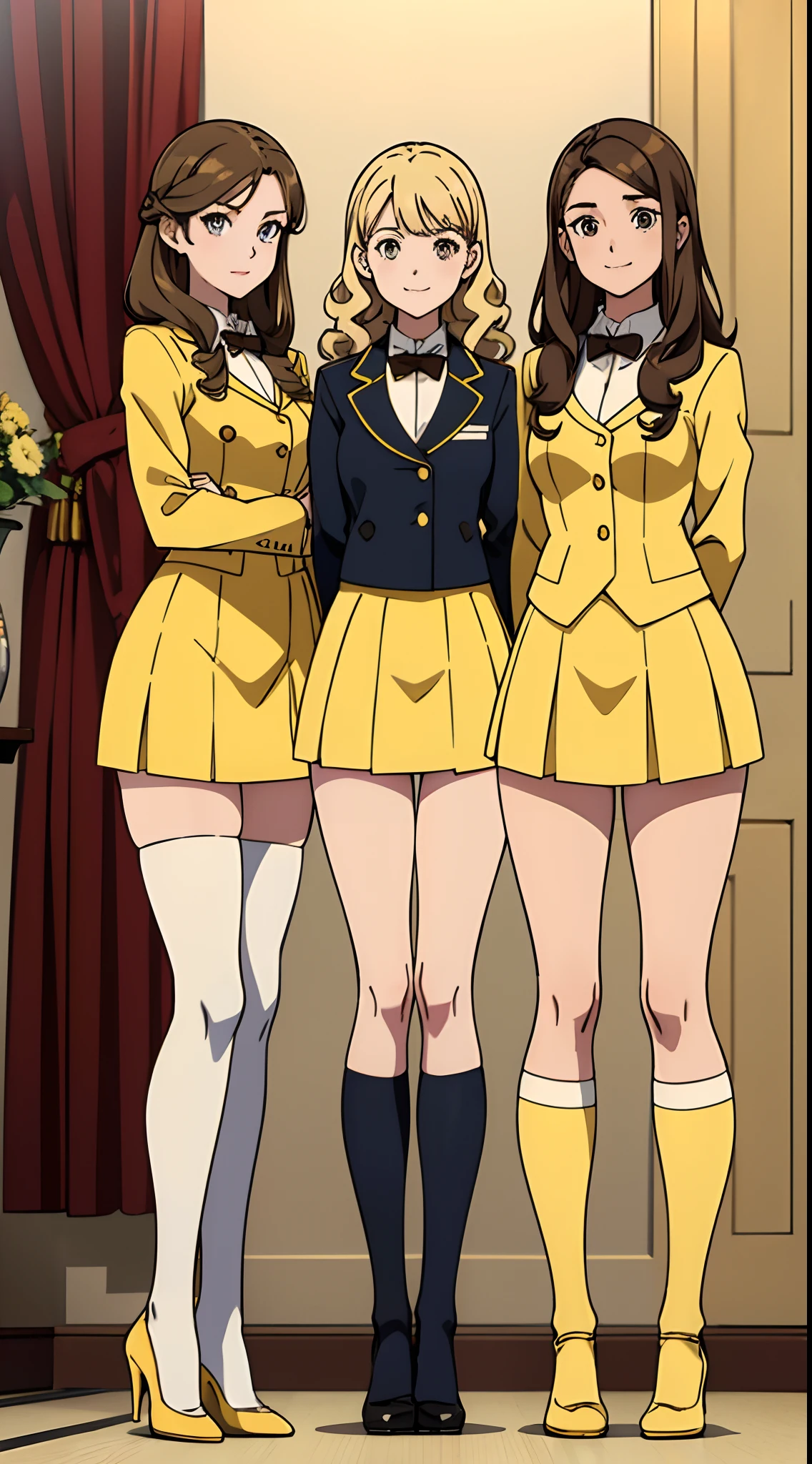 (Anime screencap), (masterpiece, high quality, best quality), (brown hair, blonde hair, curly hair, different hair colors), hazel eyes, yellow sexy skirt suits, yellow blazers, yellow pencil skirts, white thighhighs, black high heels, uniforms, 2girls, (one blonde girl, one brown haired girl), twins, clones, ((matching hairstyles, matching outfits, matching faces), same pose, smiles, mansion, (full body, family picture, sisters only)