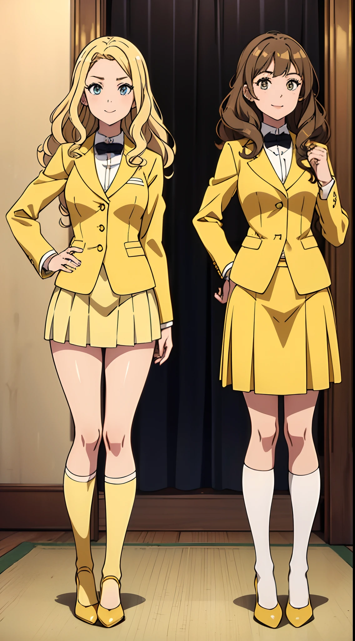 (Anime screencap), (masterpiece, high quality, best quality), (brown hair, blonde hair, curly hair, different hair colors), hazel eyes, yellow sexy skirt suits, yellow blazers, yellow pencil skirts, white thighhighs, black high heels, uniforms, 2girls, (one blonde girl, one brown haired girl), twins, clones, ((matching hairstyles, matching outfits, matching faces), same pose, smiles, mansion, (full body, family picture, sisters only)