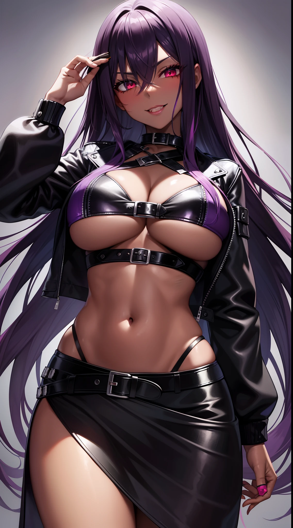 Adult woman, black skin, long purple hair, red eyes, purple top, leather jacket, leather skirt, smirk, open belly, open breasts, black lipstick, Masterpiece, hiquality