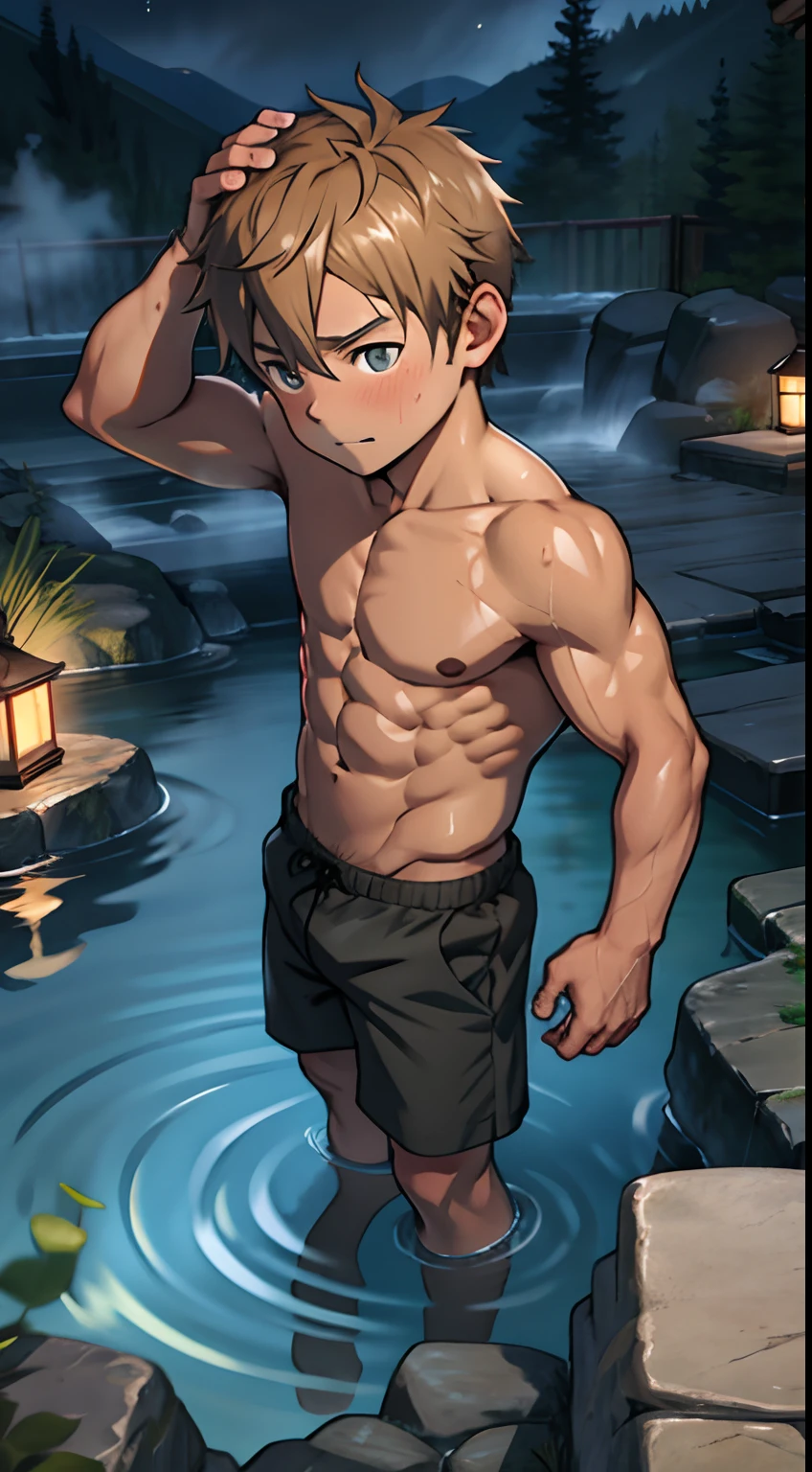 (masutepiece, Best Quality),1boy,(e boy,child),teenager face,Side view,Body tilt,Bathing,Flabby hands,delicate big eyes,Open your eyes ,Big ,,smooth and delicate skin,Short square face,Surprised expression,infancy,slimey,infancy,young age,short round face,Flat chin,finely detaild face,well-muscled,Bronze hair,The eye,with an intricate,full body Esbian,nakeness,Abs pectoral muscles,the night,vivd colour,(depth of fields:1.2),(Abs),(looking at viewert:-1),top-down perspective,Steam from the hot springs
