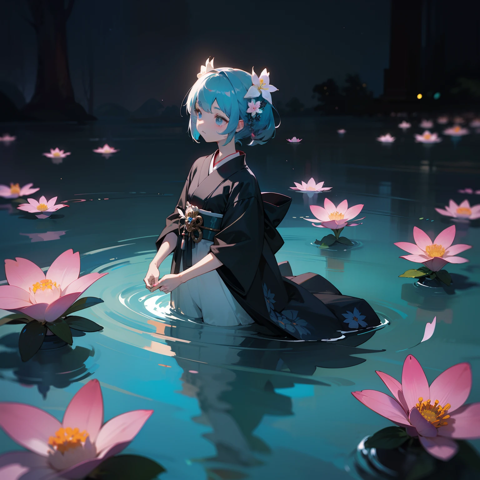 Small glowing aquatic flowers、、Art in the Dark Exhibition、florals、Japanese dress、Black and colorful world、femele、Beautiful and fantastic