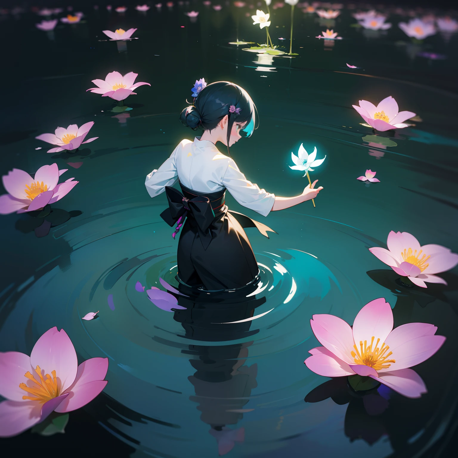 Small glowing aquatic flowers、、Art in the Dark Exhibition、florals、Japanese dress、Black and colorful world、femele、Beautiful and fantastic