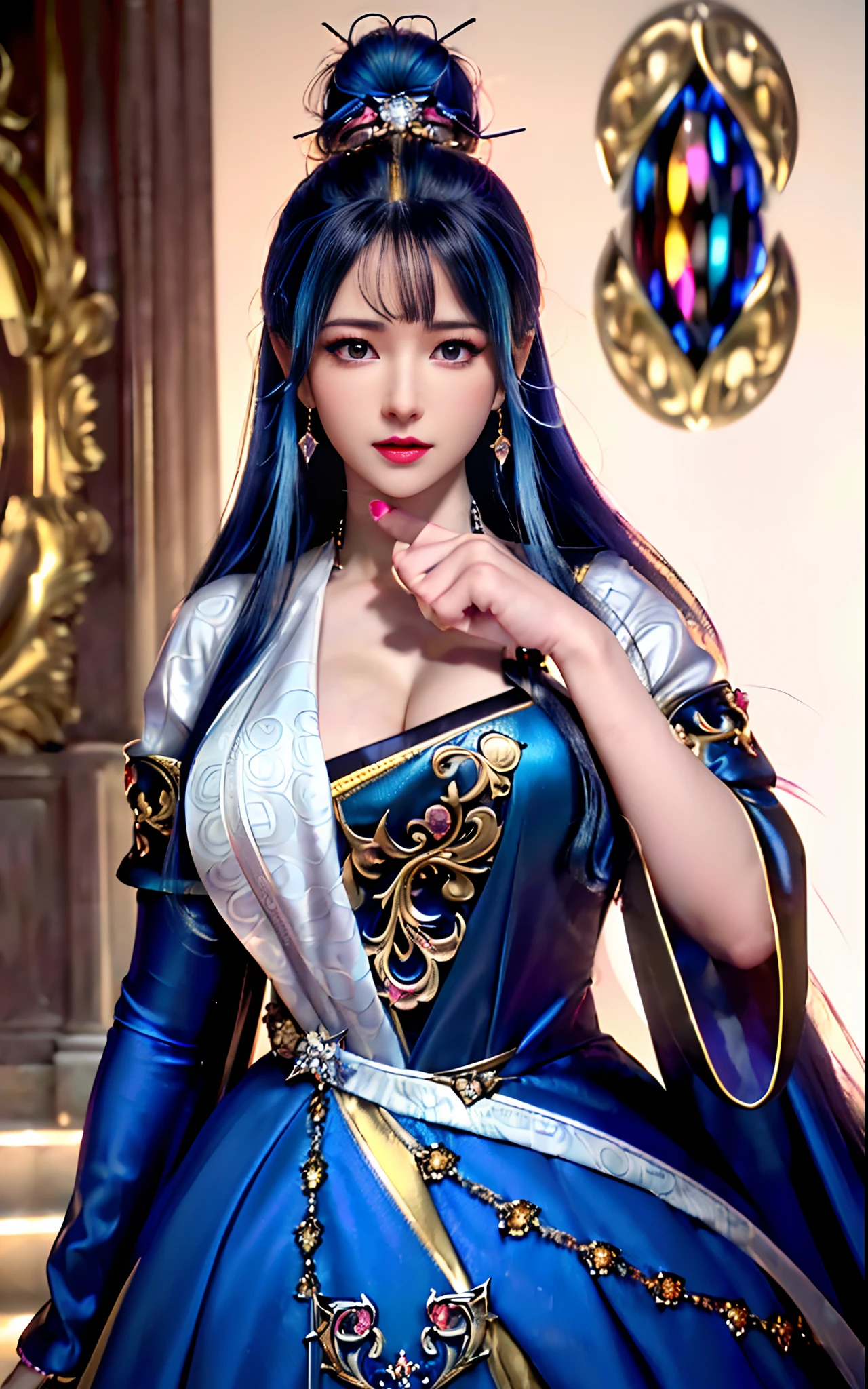 a close up of a woman in a blue dress with a sword, game cg, yun ling, full body xianxia, portrait knights of zodiac girl, trending on cgstation, inspired by Li Mei-shu, inspired by Leng Mei, inspired by Lan Ying, xianxia, 3 d anime realistic, xision wu, beautiful render of tang dynasty, (masterpiece:1.4), (8k, photorealistic, RAW photo, best quality: 1.4), japanese, beautiful face, (realistic face:1.4), (high detailed hair:1.3), beautiful hairstyle, realistic eyes, beautiful detailed eyes, (realistic skin:1.3), beautiful skin, attractive, ultra high res, ultra realistic, highly detailed, golden ratio, (detailed face:1.4), (realistic medium breasts:1.4), (braless:1.4), perky_nipples, (see-through outfit, transparent outfit :1.2), (nsfw:1.25), (pink lips), (slender body:1.2)