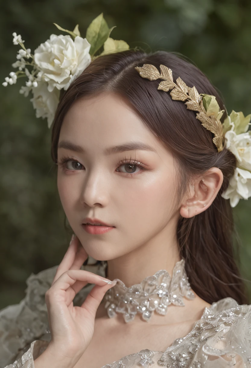Elf Princess,Asian face shape: Fairy air ethereal、Asian flair、Delicate and gentle、Water spirit eyes、Slim facial features、Elegant hairstyle、Gorgeous costumes、Exquisite jewelry、Youth and liveliness