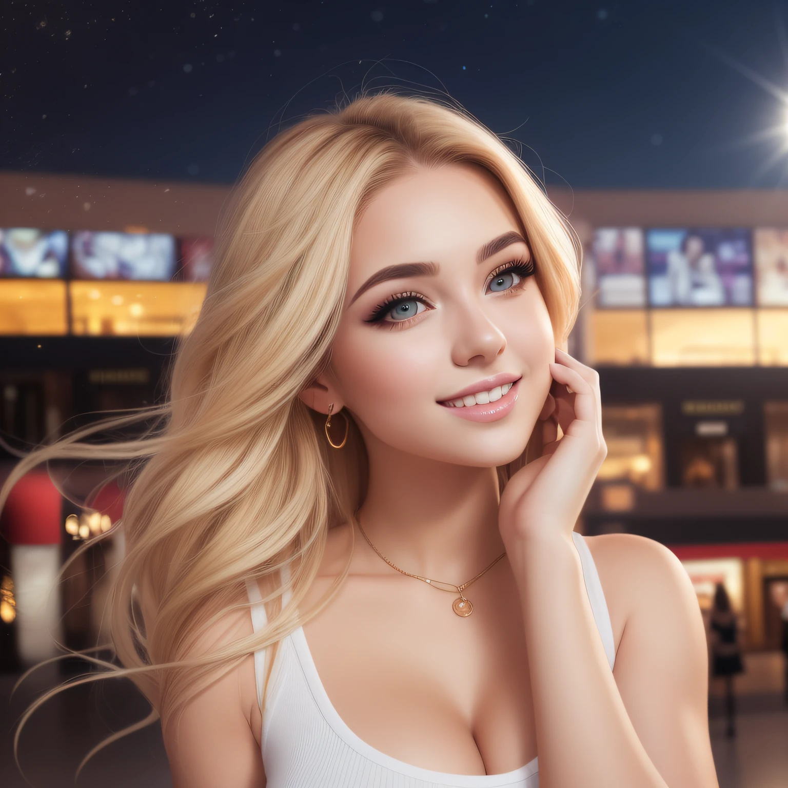 (Mikayla Demaiter) person posing in a club, best quality, 1girl, blonde, enormously huge breasts, blur backround, bokeh, (mall:1.4), ((wearing casual clothes)), gorgeous, beautiful detailed sky, (dynamic pose:1), soft lighting, wind, photorealistic, ultrarealistic, ((portrait:1.4)),