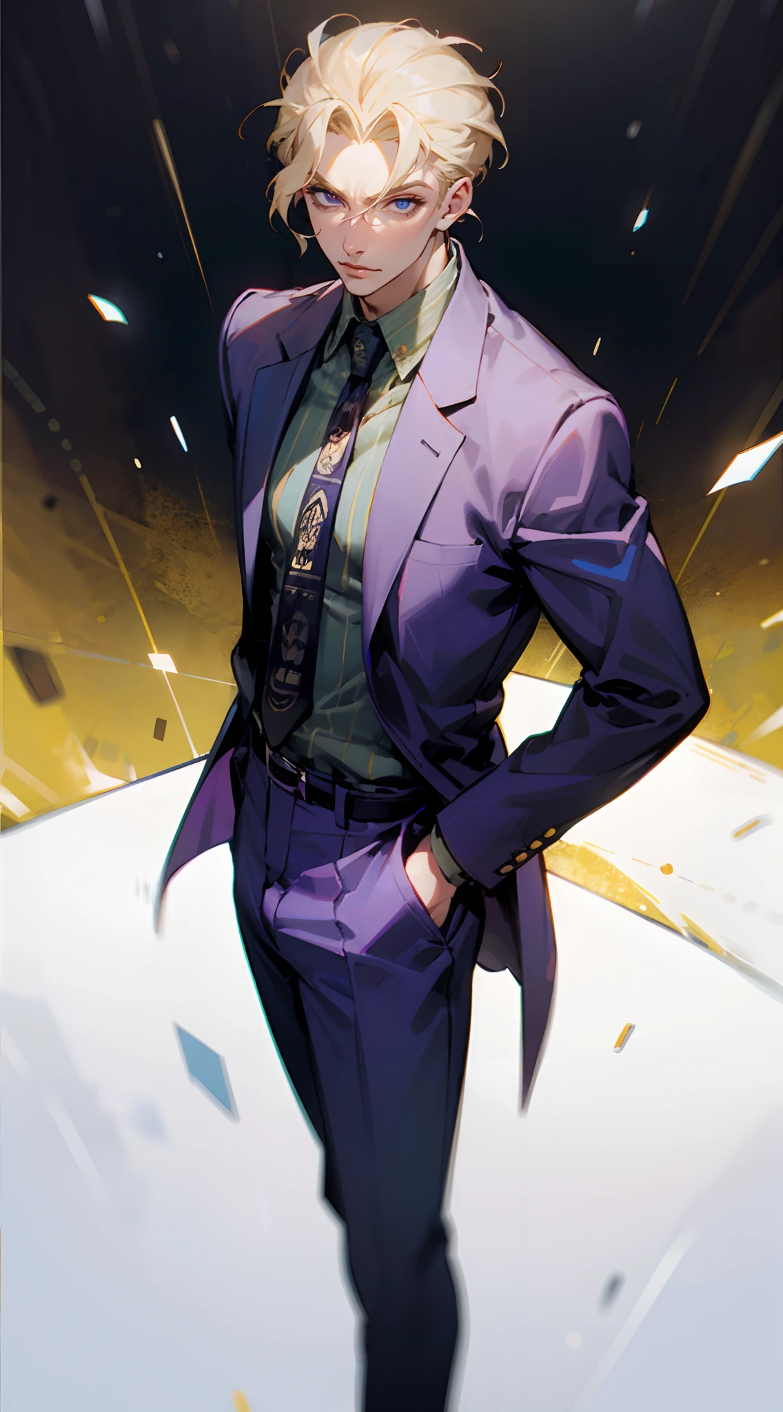 kirayoshikage, kira yoshikage, 1boy, blonde hair, short hair, mature male, cheekbones, purple eyes,
BREAK belt, formal, necktie, shoes, suit,,
BREAK looking at viewer,
BREAK outdoors, park,
BREAK (masterpiece:1.2), best quality, high resolution, unity 8k wallpaper, (illustration:0.8), (beautiful detailed eyes:1.6), extremely detailed face, perfect lighting, extremely detailed CG, (perfect hands, perfect anatomy),