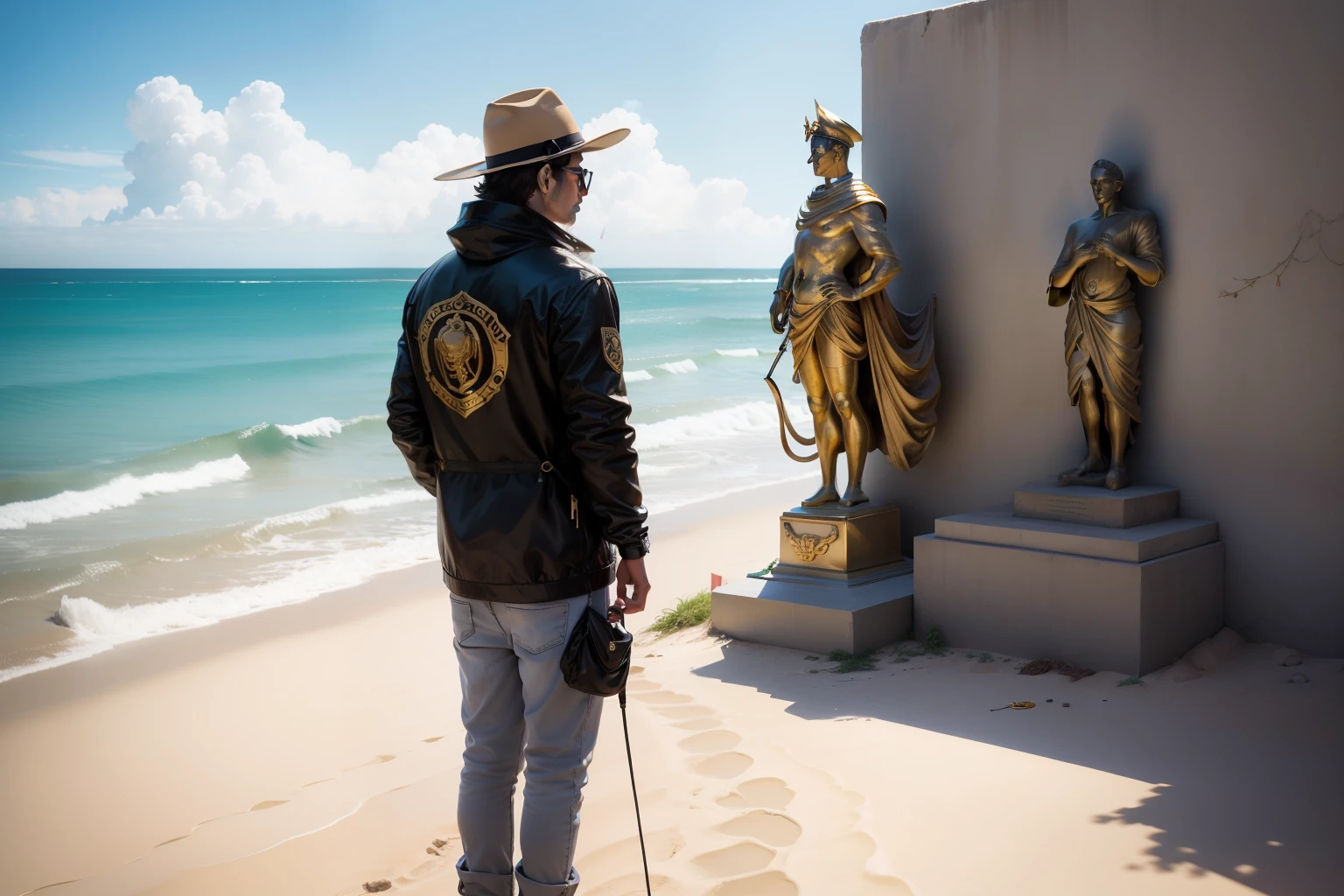 dETECTORISTA com fone de ouvido, non-hand metal detector and a gold statue in front of you. parede de fundo uma praia deserta.