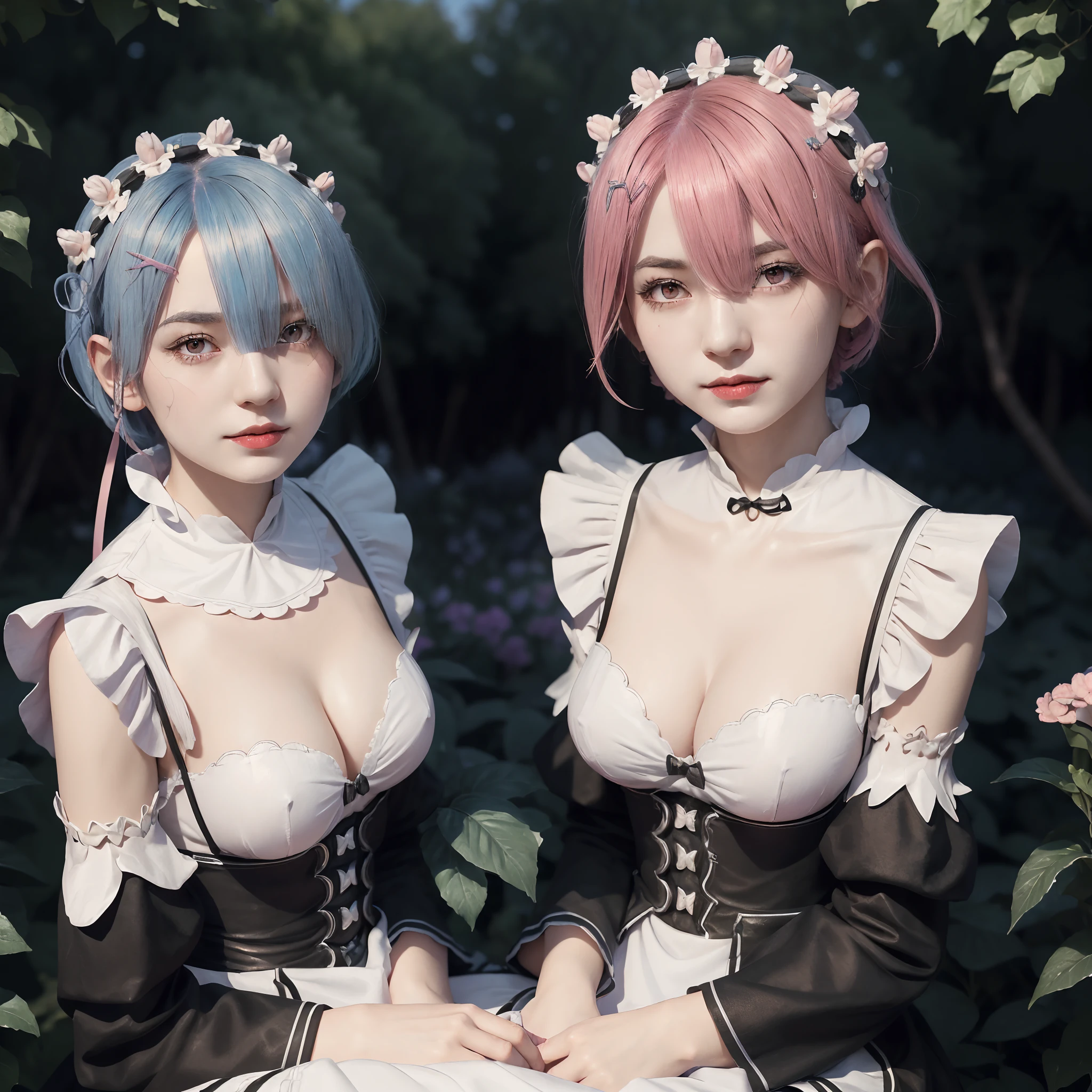(masterpiece, best quality:1.4), (full body:1.5), (sitting: on the garden:1.5), on a beautifull and rich mansion, 2girls, (ram_rezero with pink hair:1.5), (rem_re_zero with blue hair:1.5), looking at viewer, rem_re_zero, short hair, maid uniform, (black maid uniform:1.5), hair ornament, cleavage, maid headdress, detached sleeves, ribbon, medium breasts, ram_rezero, short hair, (red eyes, red iris), maid uniform, (black maid uniform:1.5), hair ornament, cleavage, maid headdress, detached sleeves, ribbon, medium breasts, beautifull smile, (beautiful face), (highly detailed face, highly detailed eyes), (highly detailed skin), skin pores, subsurface scattering, realistic pupils, full face blush, full lips, depth of field, volumetric lighting, sharp focus, absurdres, realistic proportions, good anatomy, (realistic, hyperrealistic:1.4), 16k hdr