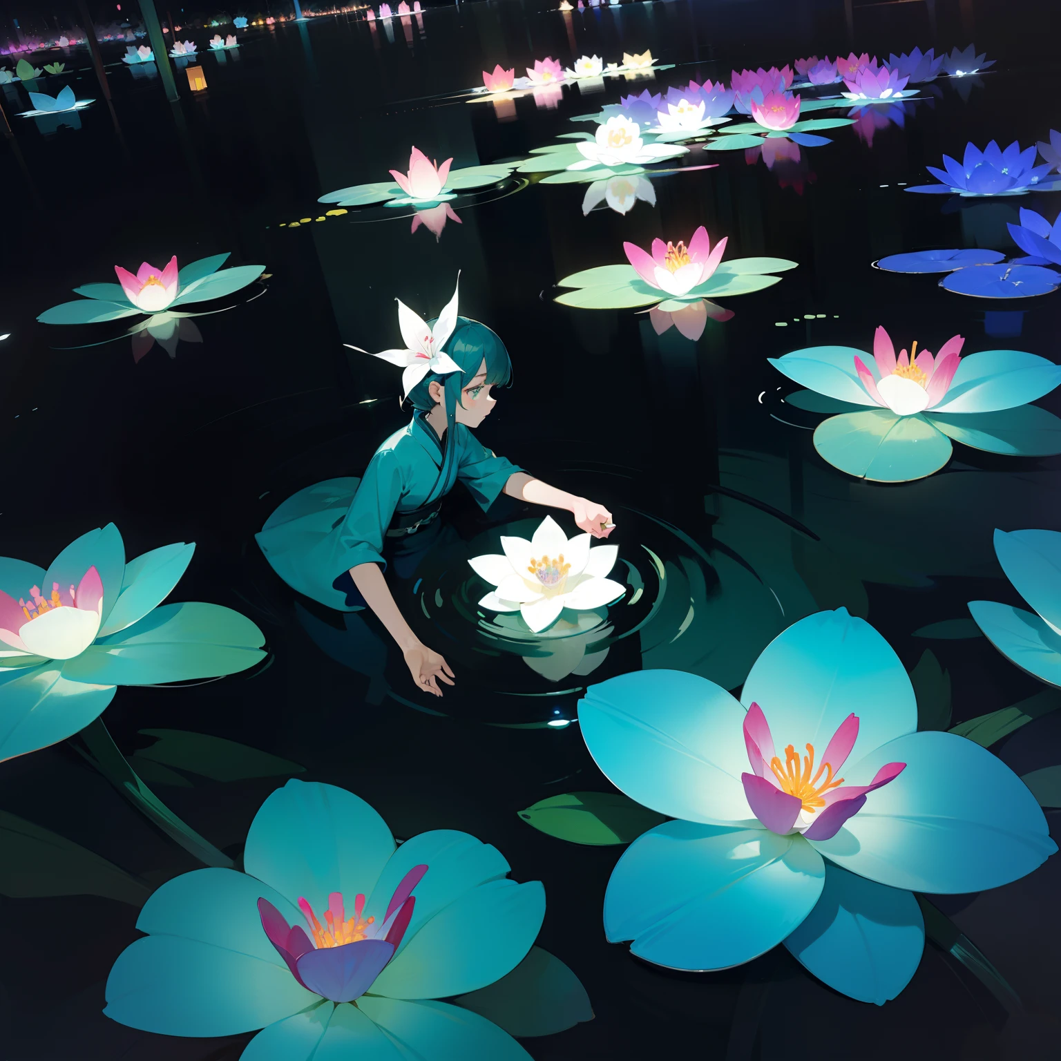 Small glowing aquatic flowers、、Art in the Dark Exhibition、florals、Japanese dress、Black and colorful world、femele、Beautiful and amazing、kindness、