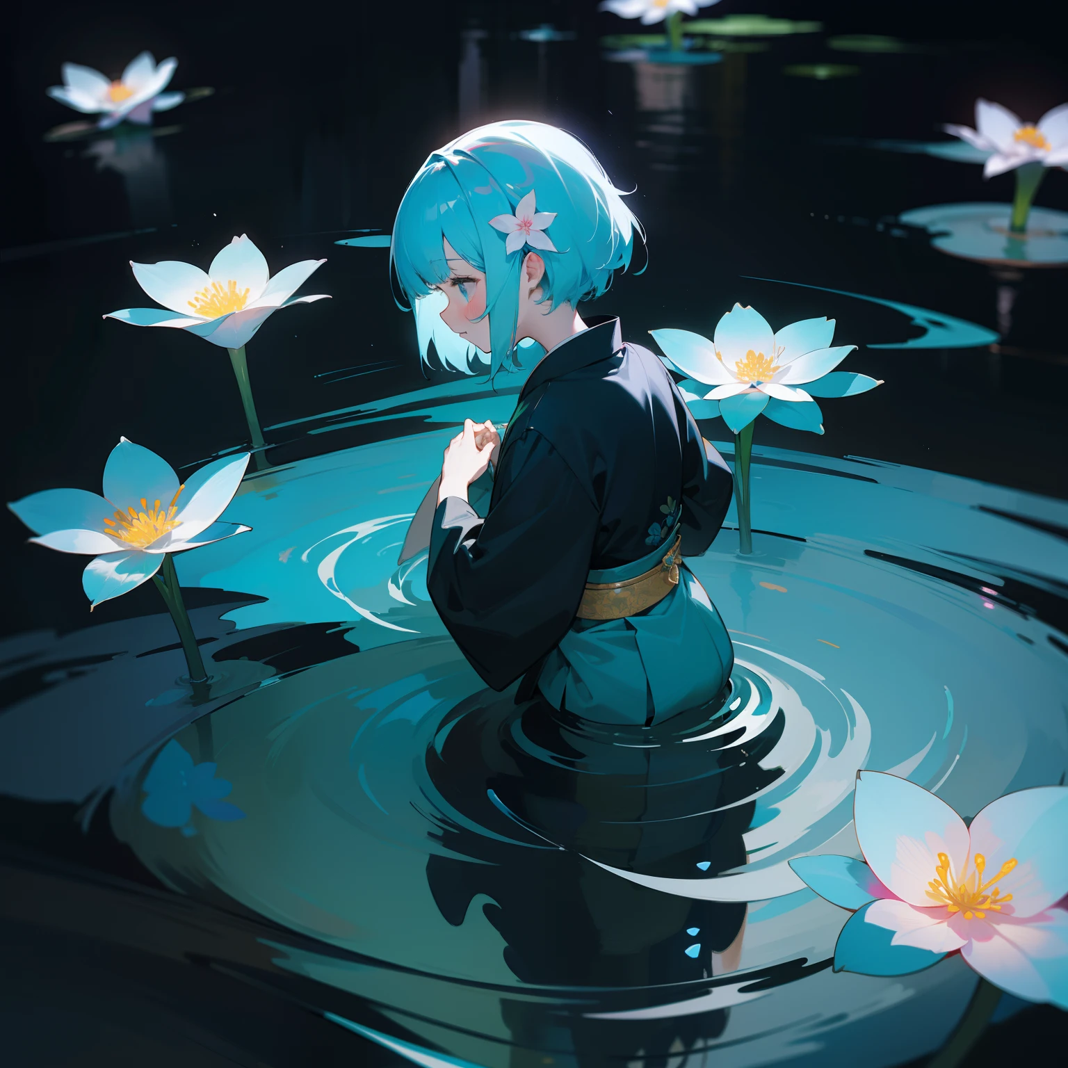 Small glowing aquatic flowers、、Art in the Dark Exhibition、florals、Japanese dress、Black and colorful world、femele、Beautiful and amazing、kindness、