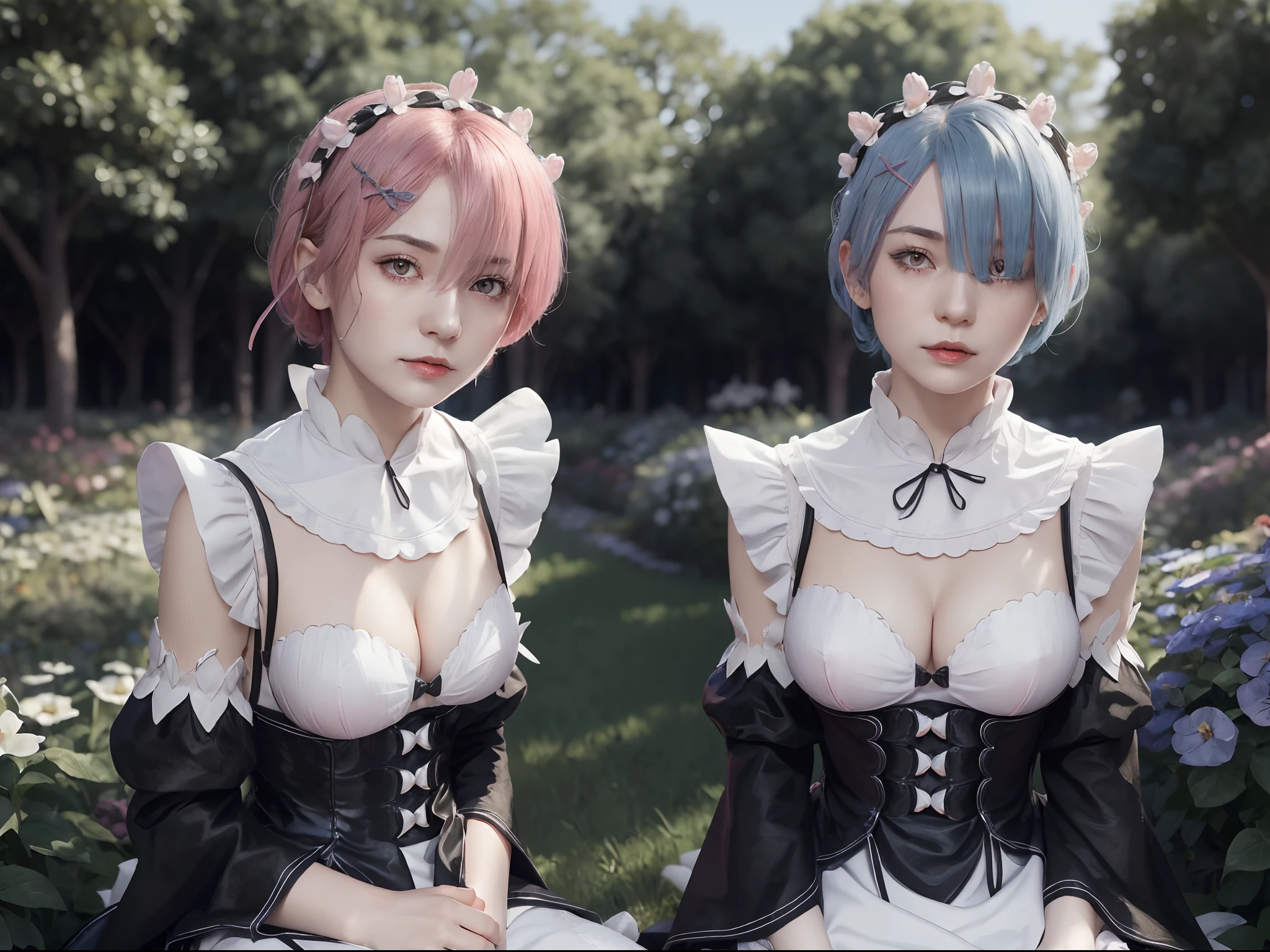 (masterpiece, best quality:1.4), (full body:1.5), (sitting: on the garden:1.5), on a beautifull and rich mansion, 2girls, (ram_rezero with pink hair:1.5), (rem_re_zero with blue hair:1.5), looking at viewer, rem_re_zero, short hair, maid uniform, (black maid uniform:1.5), hair ornament, cleavage, maid headdress, detached sleeves, ribbon, medium breasts, ram_rezero, short hair, (red eyes, red iris), maid uniform, (black maid uniform:1.5), hair ornament, cleavage, maid headdress, detached sleeves, ribbon, medium breasts, beautifull smile, (beautiful face), (highly detailed face, highly detailed eyes), (highly detailed skin), skin pores, subsurface scattering, realistic pupils, full face blush, full lips, depth of field, volumetric lighting, sharp focus, absurdres, realistic proportions, good anatomy, (realistic, hyperrealistic:1.4), 16k hdr