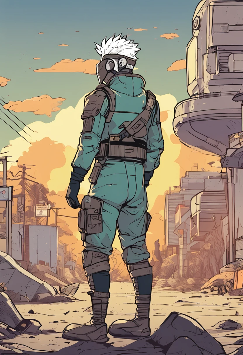 kakashi hatake, Estilo anime dos anos 90, fallout garoto de costas usando um traje scifi collant cinza claro com faixas neon de costas, um numero "1" aparecendo em amarelo no meio das costas