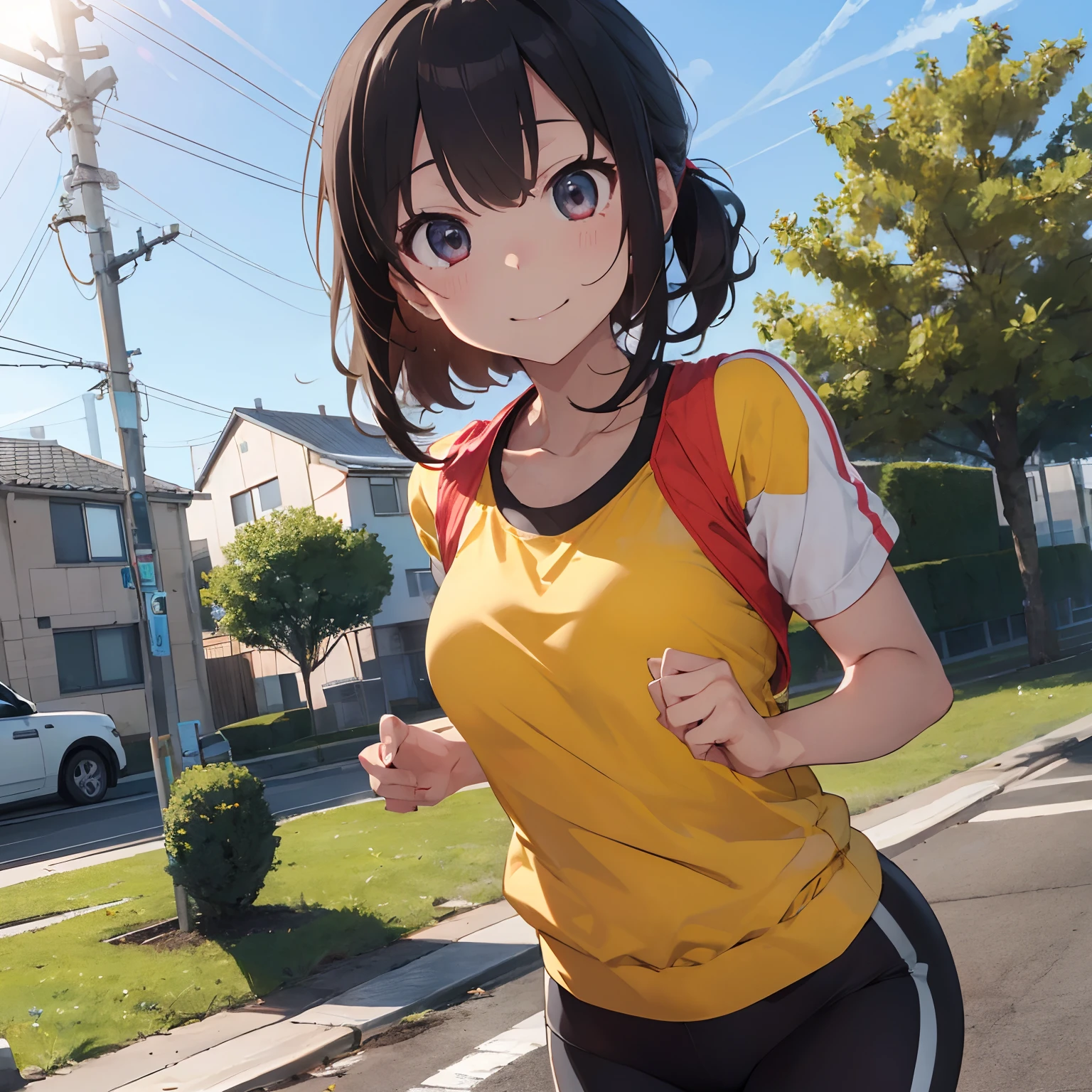 masutepiece, Best Quality, 8K_Wallpaper, (Beautiful eyes), ((Cute)), Cute, (lovely), (Park on a sunny day),1girl in,small tits,1 schoolgirl,Standing Girl,Smile,facial close-up、portlate(((Do a marathon)))、(((Jogging)))、((Red jersey))、