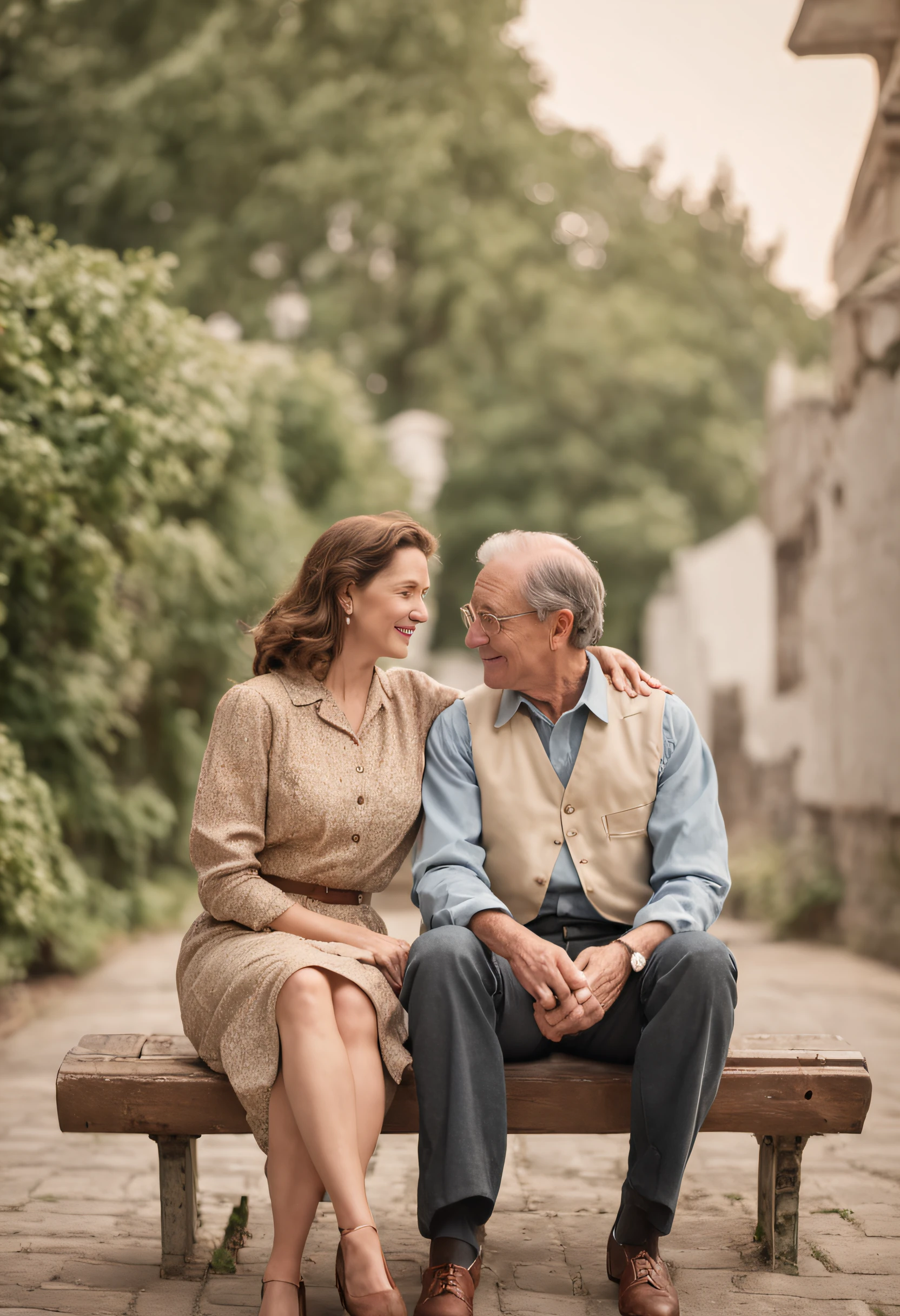 nostalgic, romantic, 40s year old couple, holding hands, bicycle ride, street scene, old buildings, vintage fashion, love letter, cassette tape, walkman, sunset, park bench, shy smiles, secret rendezvous, handwritten notes, sweet gestures, gentle touch, stolen glances, heartfelt conversations, first love, innocence, passion, simplicity, timeless, soft focus, warm colors, vintage filters, soft breeze, happy memories, hidden kisses, lingering hugs, simple pleasures, carefree, pure, genuine, love in the air, 80s soundtrack