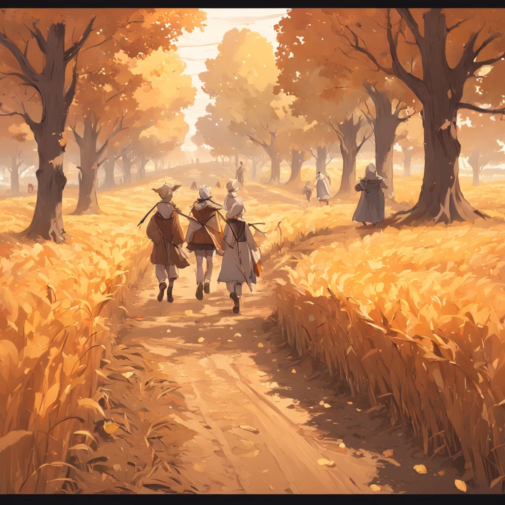 a group of ores and medieval peasants, traveling along the dirt road, in the middle of the cultivated fields, in the fields there are wheat, scarecrows and loads of wheat, there are twisted trees scattered along the road and they are losing their leaves because it is autumn. the whole scene has to be painted in autumnal colors. the entire scene has to be done in dark fantasy style semi realistic art.