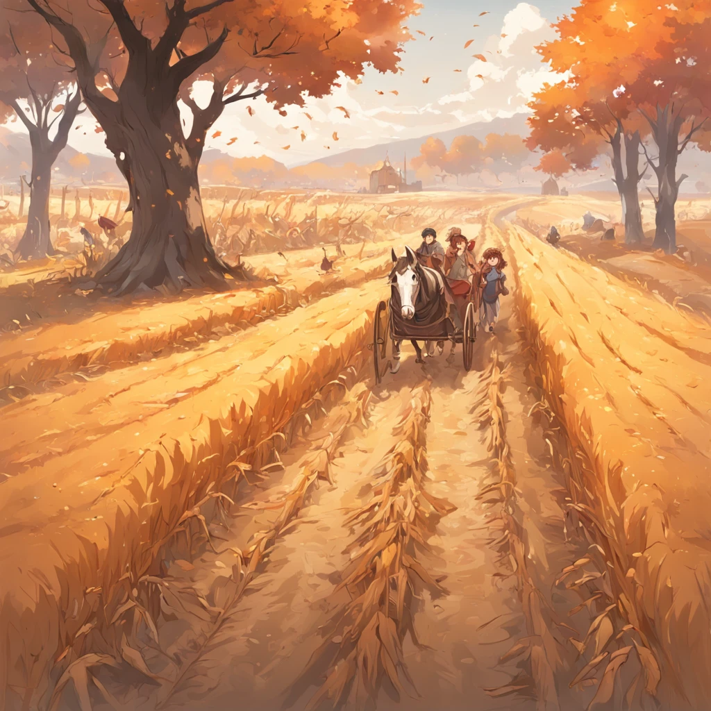 a group of ores and medieval peasants, traveling along the dirt road, in the middle of the cultivated fields, in the fields there are wheat, scarecrows and loads of wheat, there are twisted trees scattered along the road and they are losing their leaves because it is autumn. the whole scene has to be painted in autumnal colors. the entire scene has to be done in dark fantasy style semi realistic art.