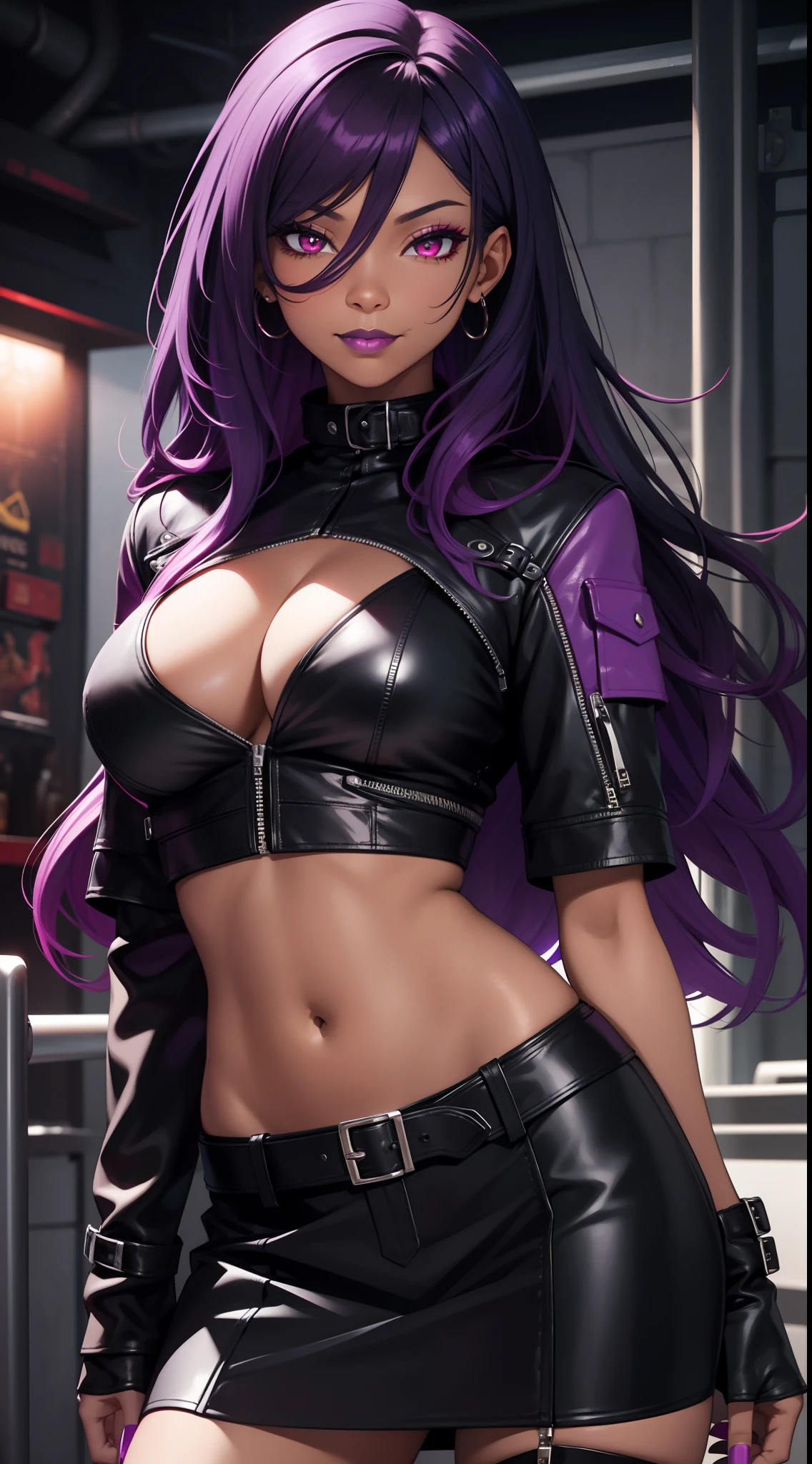 Adult woman, black skin, long purple hair, red eyes, purple top, leather jacket, leather skirt, smirk, open belly, open breasts, black lipstick, Masterpiece, hiquality