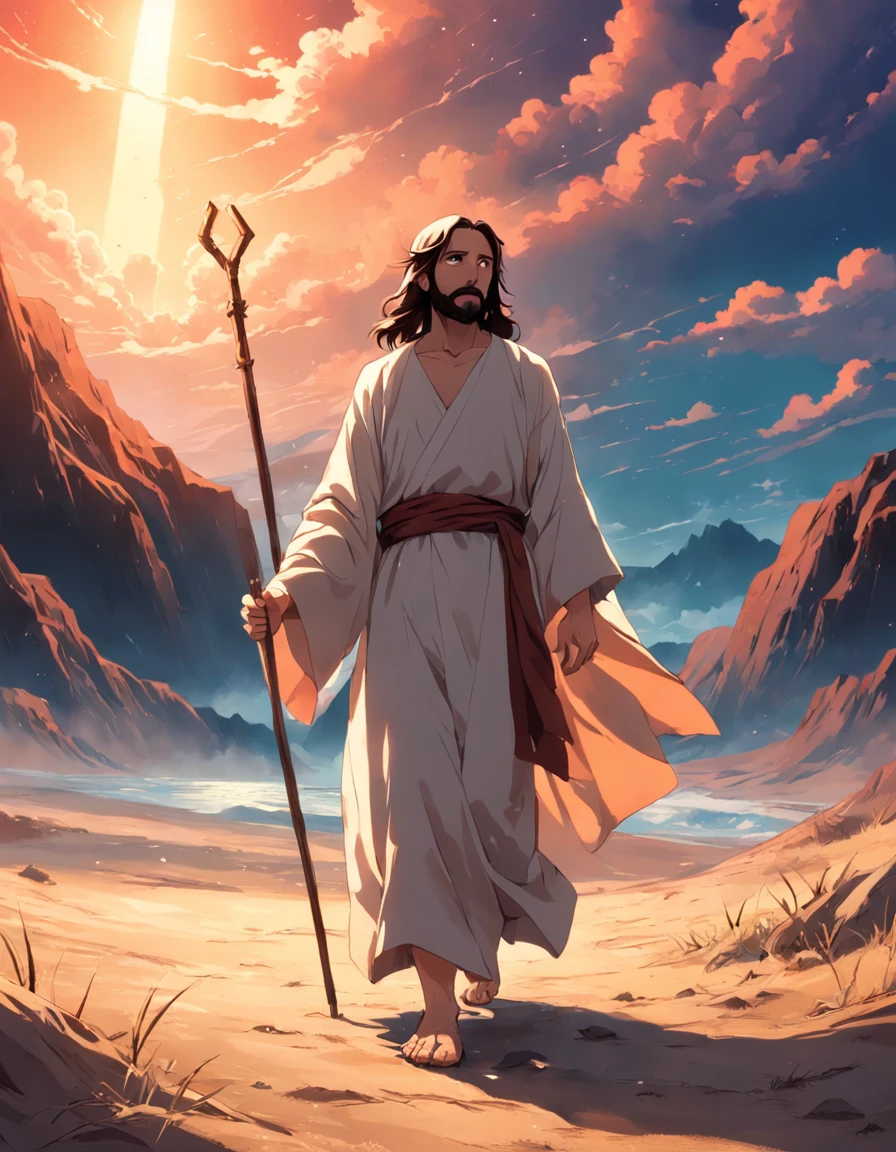 Jesus with a staff in his hand, andando no deserto, 8k, ::n don't want image error, nem de ter mais de 5 dedos, nor of more hands ,nem escrita, nem assinatura.