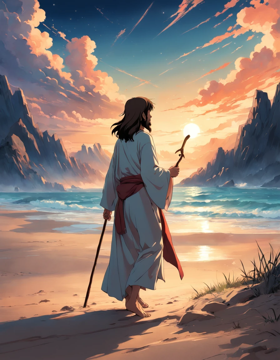 Jesus with a staff in his hand, andando no deserto, 8k, ::n don't want image error, nem de ter mais de 5 dedos, nor of more hands ,nem escrita, nem assinatura.
