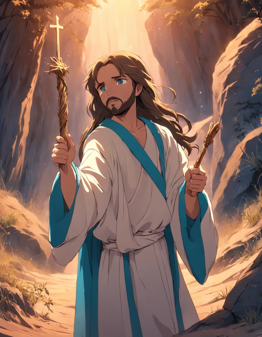 Jesus with a staff in his hand, andando no deserto, 8k, ::n don't want image error, nem de ter mais de 5 dedos, nor of more hands ,nem escrita, nem assinatura.