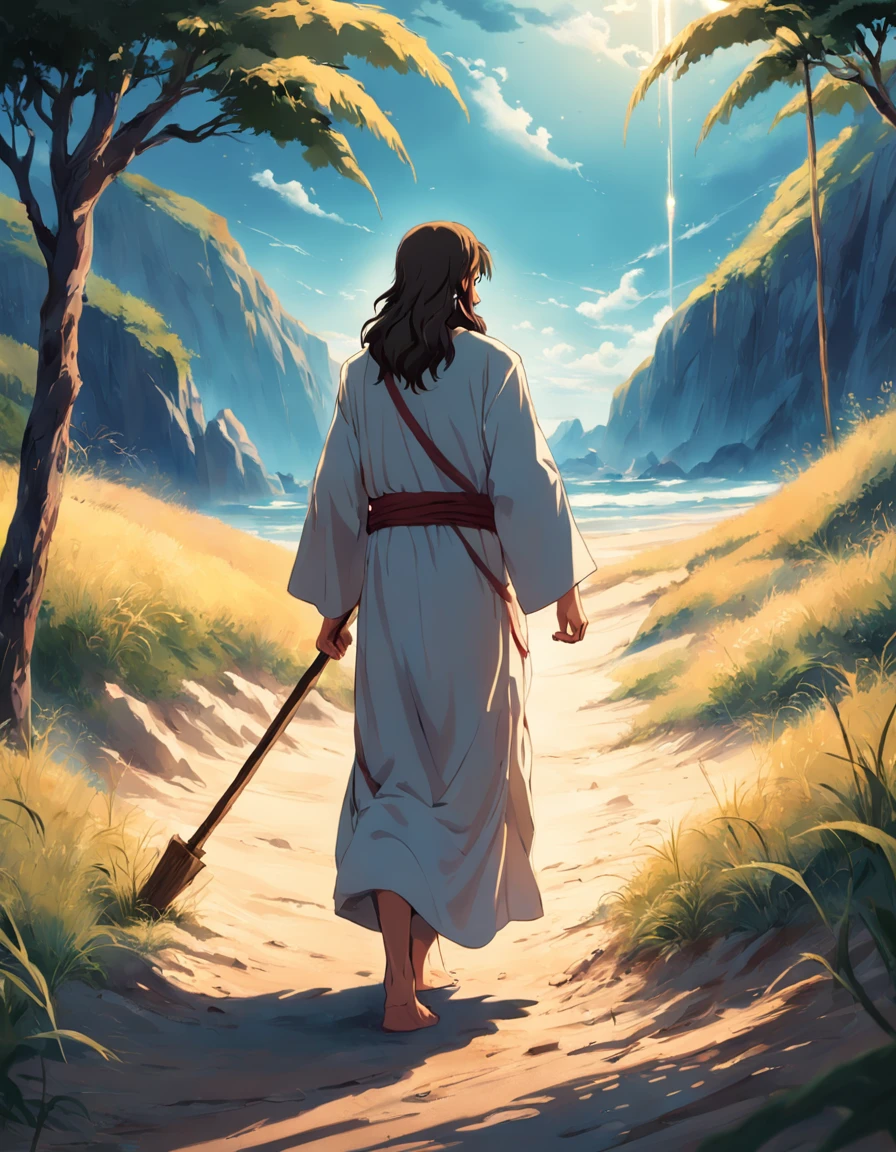 Jesus with a staff in his hand, andando no deserto, 8k, ::n don't want image error, nem de ter mais de 5 dedos, nor of more hands ,nem escrita, nem assinatura.