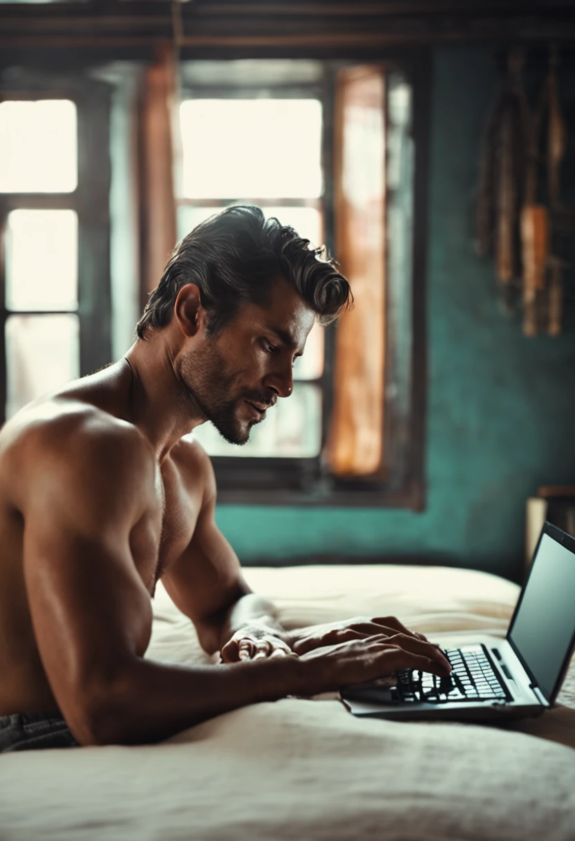 The image shows an animated character lying face down on a bed, surrounded by financial trading equipment or extra income. He is shirtless and wearing sweatpants with white stripes., possivelmente da marca Adidas ou Nike, which also appears on a pair of sneakers on the floor. There are two laptops running with financial graphs on the screens, in addition to notebooks, canetas, a cup of coffee, a bottle of water, a bottle of medicine, and various papers and electronic devices scattered around. The environment suggests an intense work or study session on the financial market and extra income.