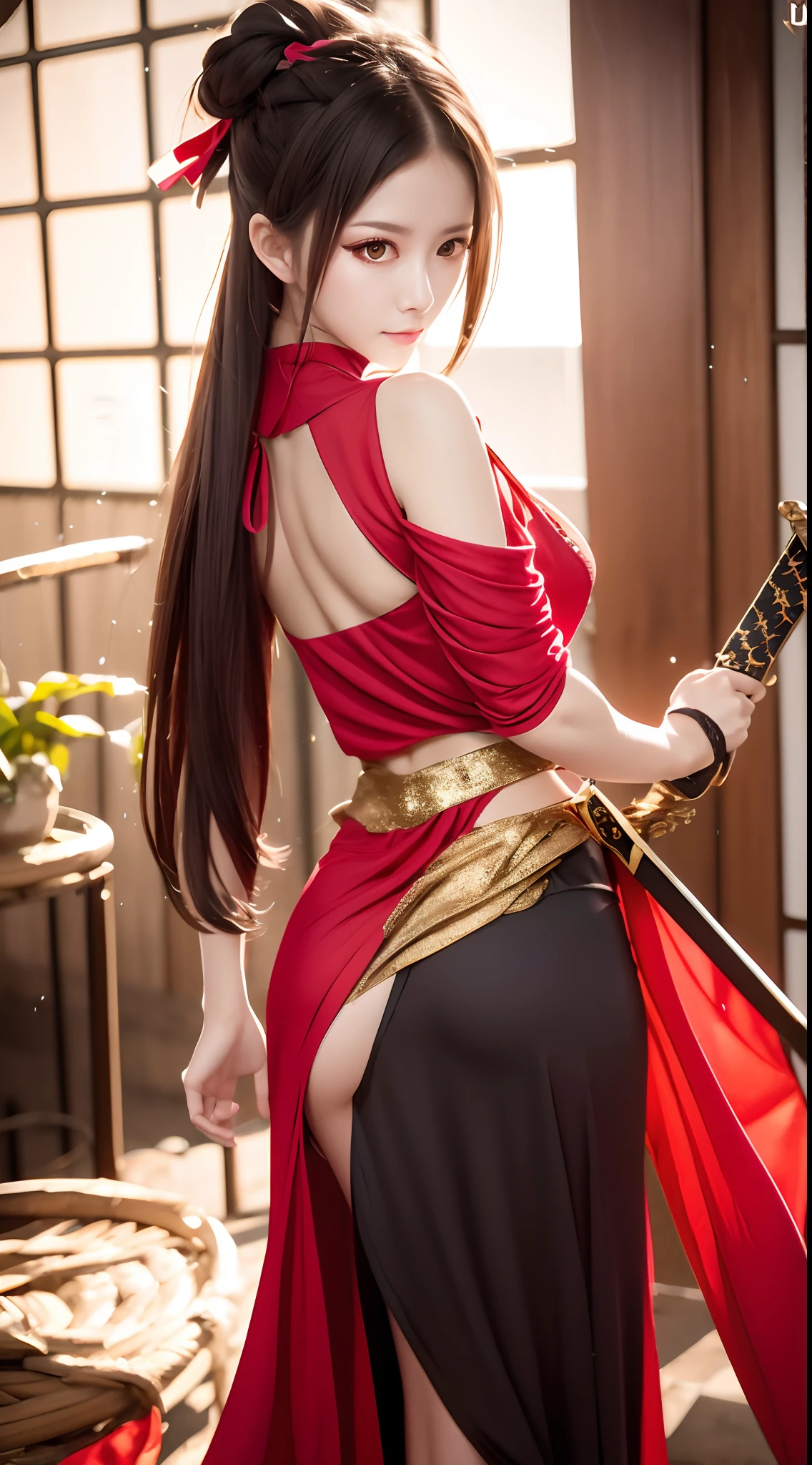 Female ninja，Gold eye patch，red color Hanfu，Wire elbow sheath，Dance with the glittering sword，Jump status，blasts，tentaculata，ultra hd photo。