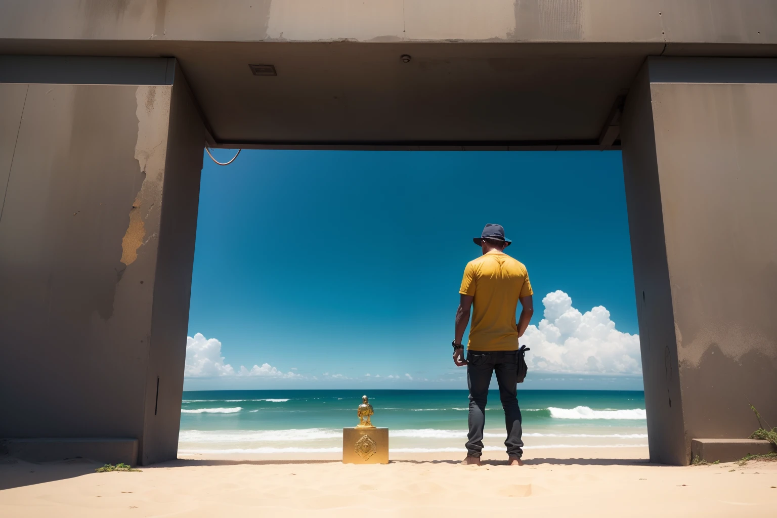 dETECTORISTA com fone de ouvido, non-hand metal detector and a small gold statue in front of you. parede de fundo uma praia deserta.