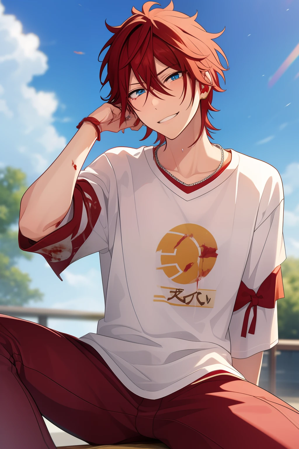 rinne amagi, rinne, crying, sitting on floor, misreable, in pain, covered in blood, nose bleed, sad, angst, being stalked, stalking victim, being assaulted, blood dripping, bandages on arms, bandages, blood everywhere, red hair, blue eyes, blood on hands, bandages on arms, bloody bandages, bloody everywhere. blood, 5 fingered hands, normal hands, anime style, ensemble stars, rinne amagi, oversized shirt, no panths, blood on shirt,