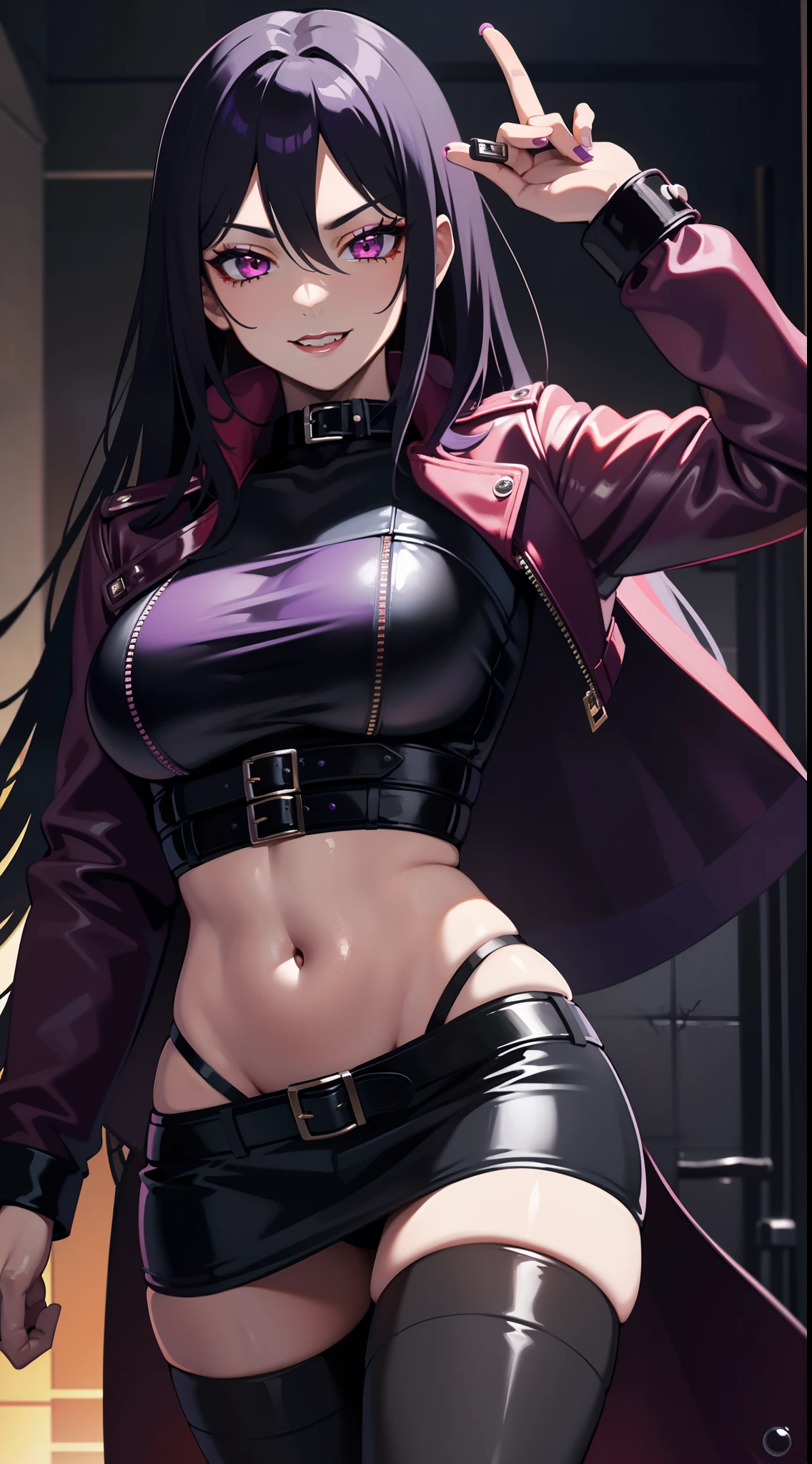 Adult woman, black skin, long Brown hair, red eyes, purple top, leather jacket, leather skirt, wide hips, small waist, open belly, open breasts, black lipstick, Masterpiece, hiquality